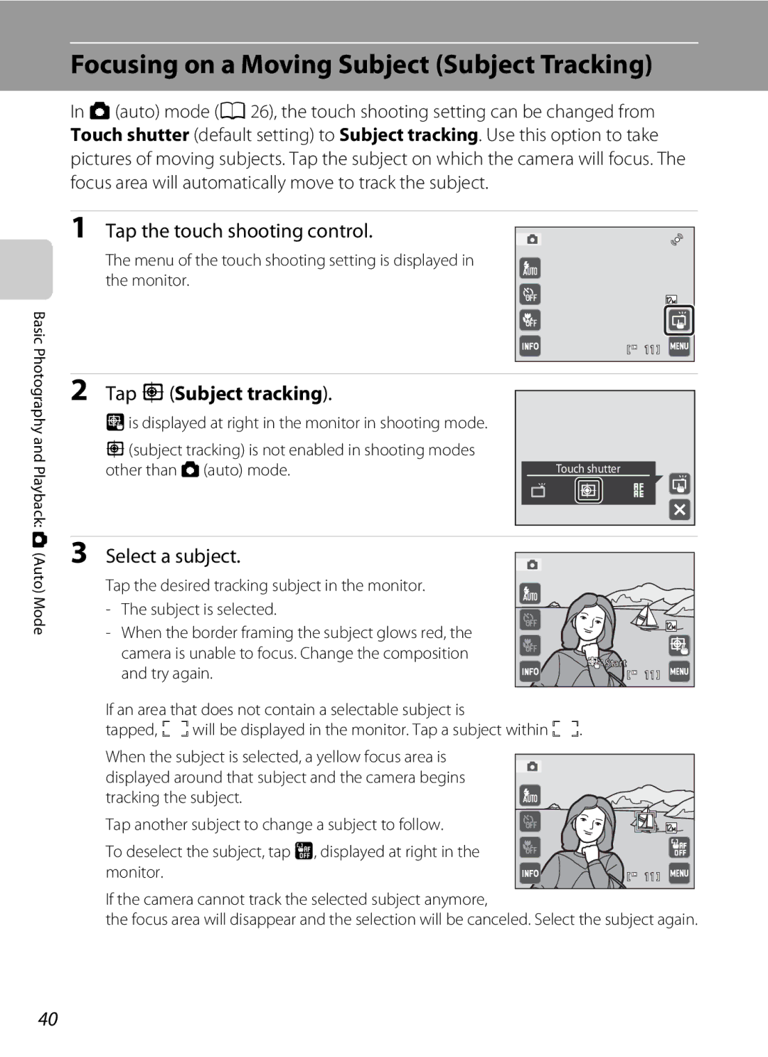 Nikon COOLPIXS4000CS, s4000, coolpix Focusing on a Moving Subject Subject Tracking, Tap sSubject tracking, Select a subject 