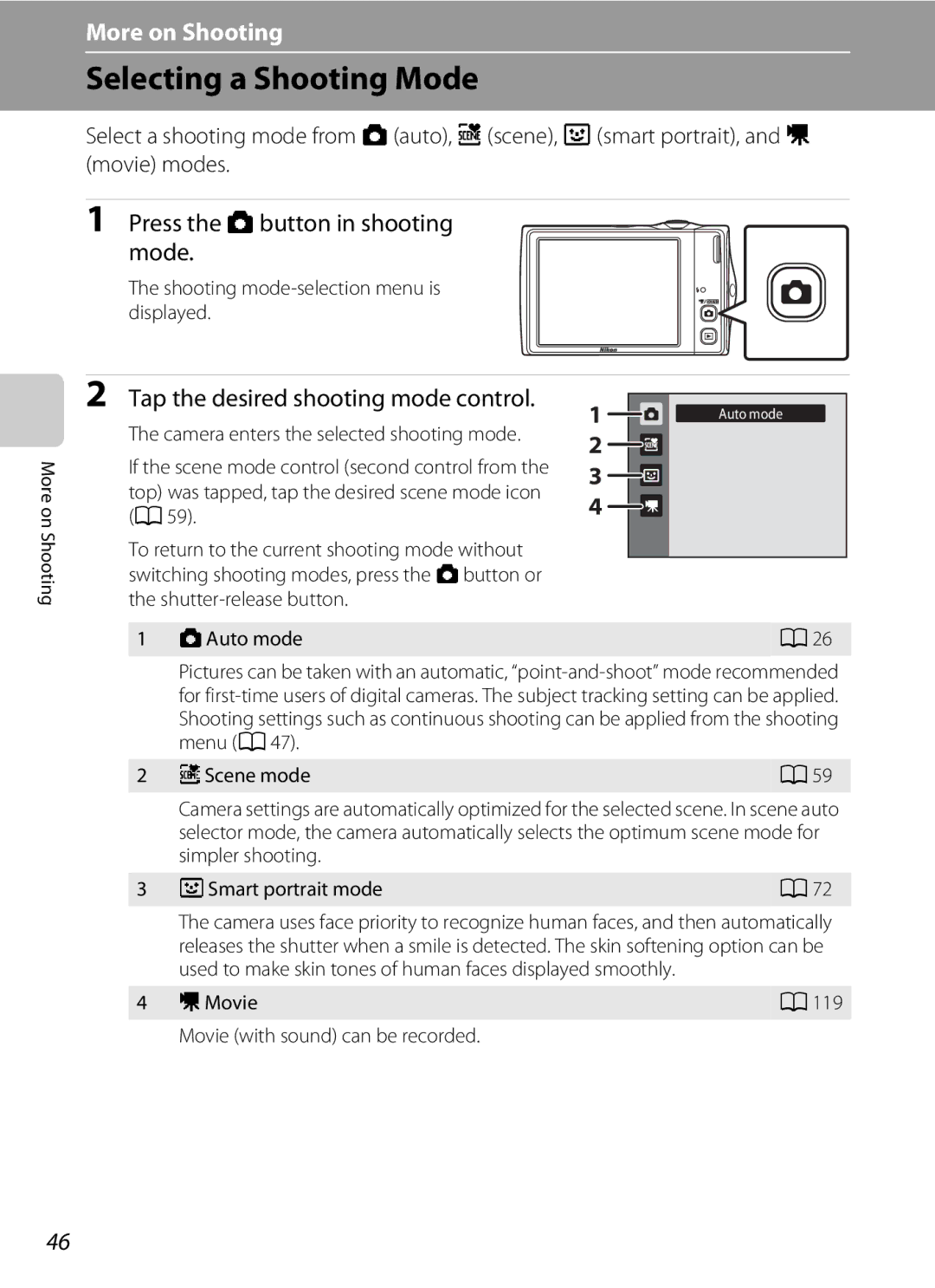 Nikon s4000, coolpix Selecting a Shooting Mode, Press the Abutton in shooting mode, Tap the desired shooting mode control 