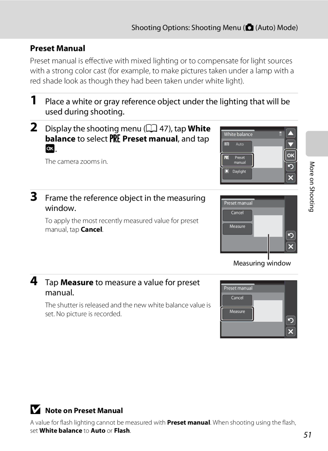 Nikon s4000 Preset Manual, Frame the reference object in the measuring, Window, Tap Measure to measure a value for preset 