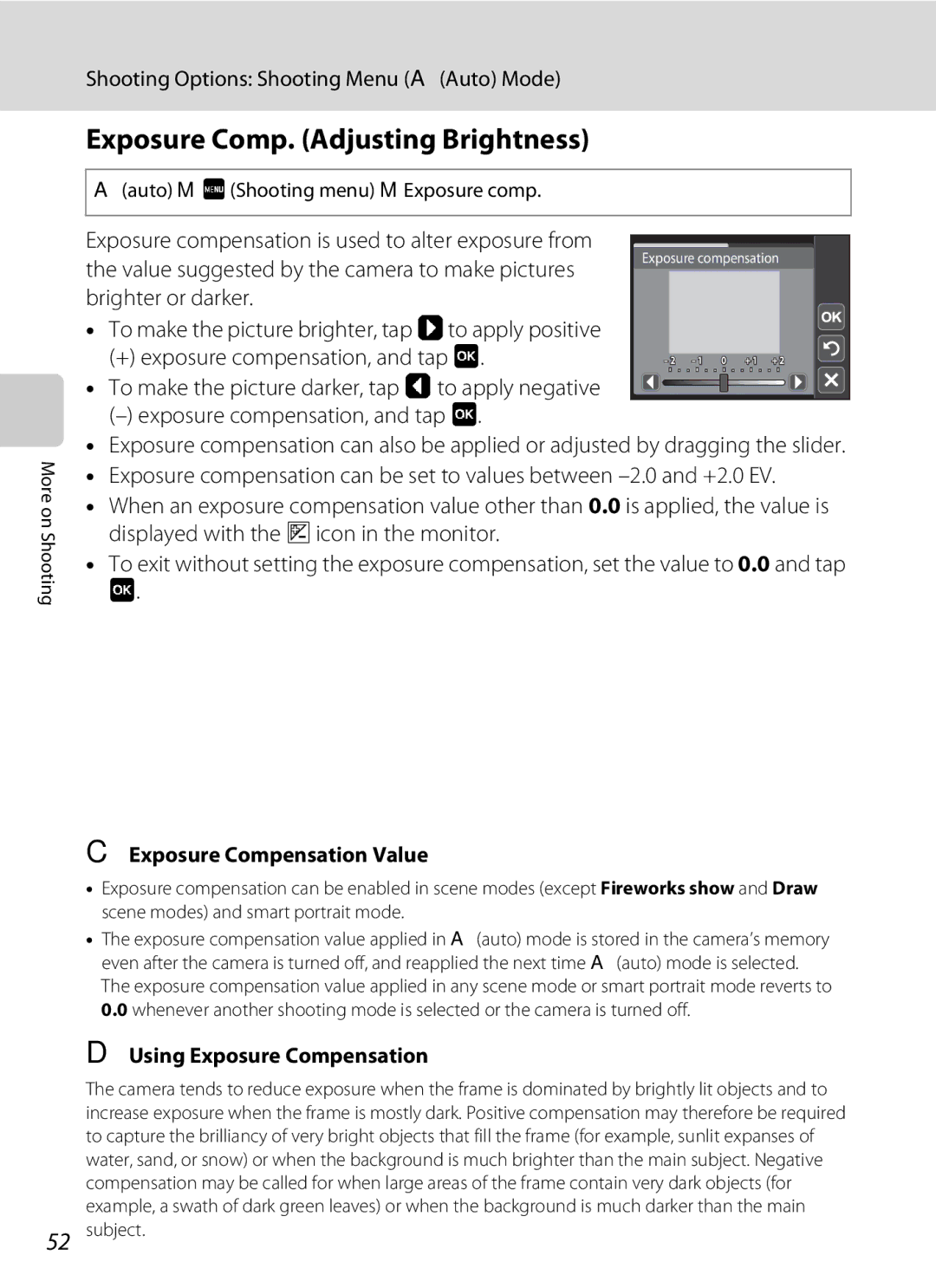 Nikon coolpix, s4000 Exposure Comp. Adjusting Brightness, Exposure Compensation Value, Using Exposure Compensation 