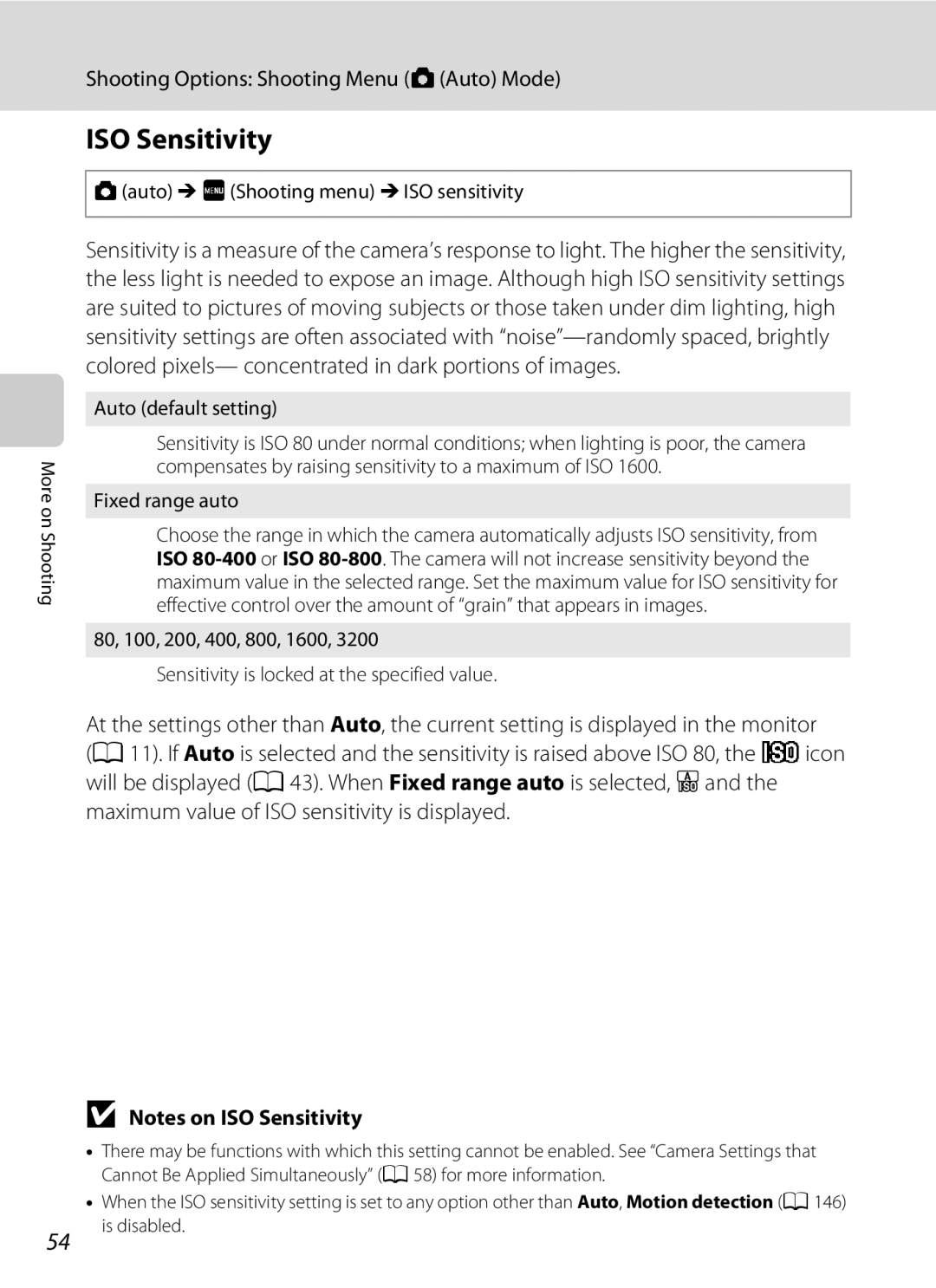 Nikon COOLPIXS4000MDKIT, s4000 ISO Sensitivity, Maximum value of ISO sensitivity is displayed, Auto default setting 