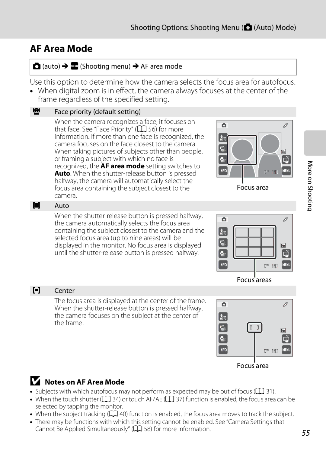 Nikon COOLPIXS4000CS AF Area Mode, Aauto MFShooting menu MAF area mode, Face priority default setting, Auto Focus area 