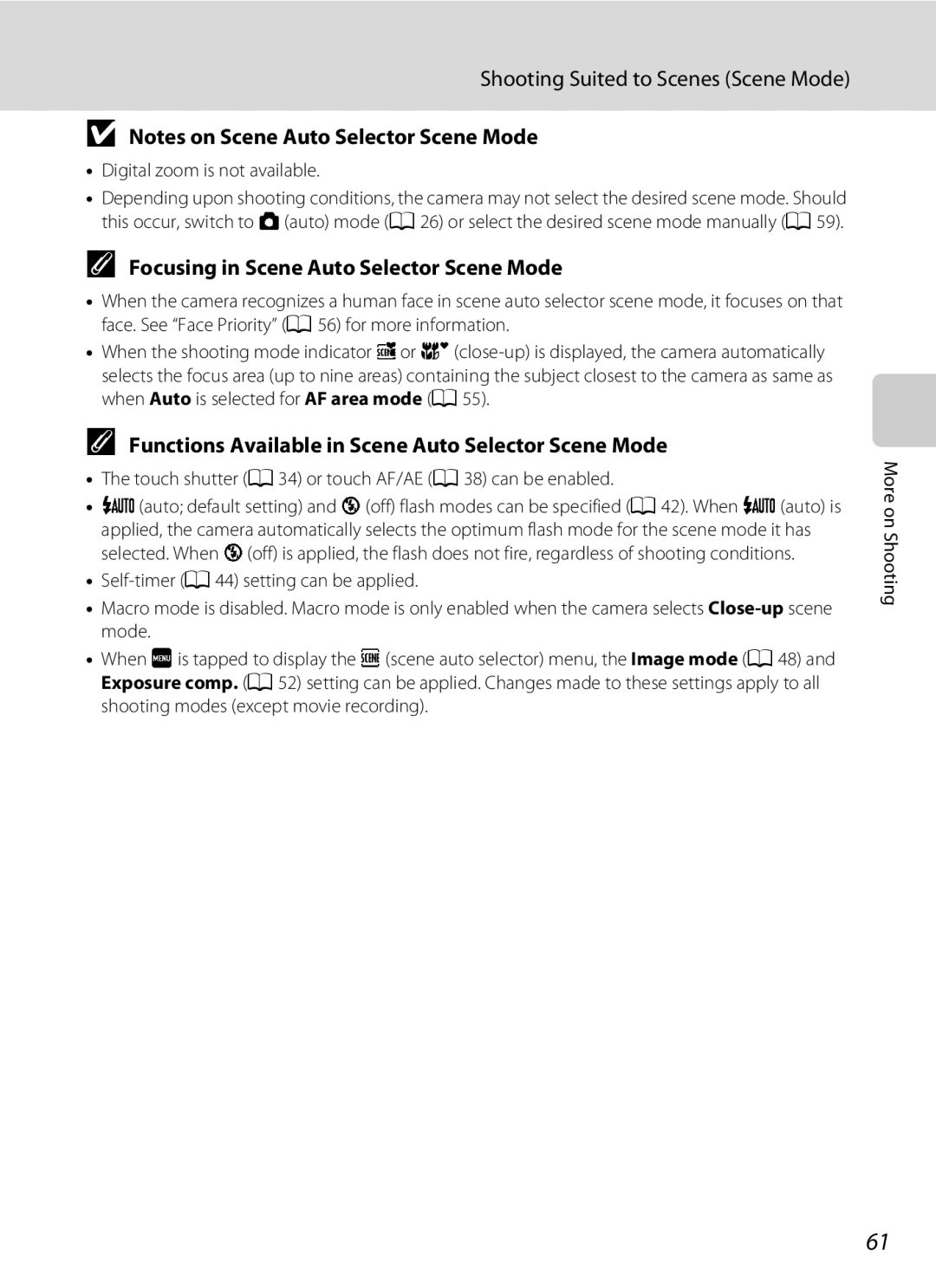 Nikon s4000, coolpix Focusing in Scene Auto Selector Scene Mode, Functions Available in Scene Auto Selector Scene Mode 