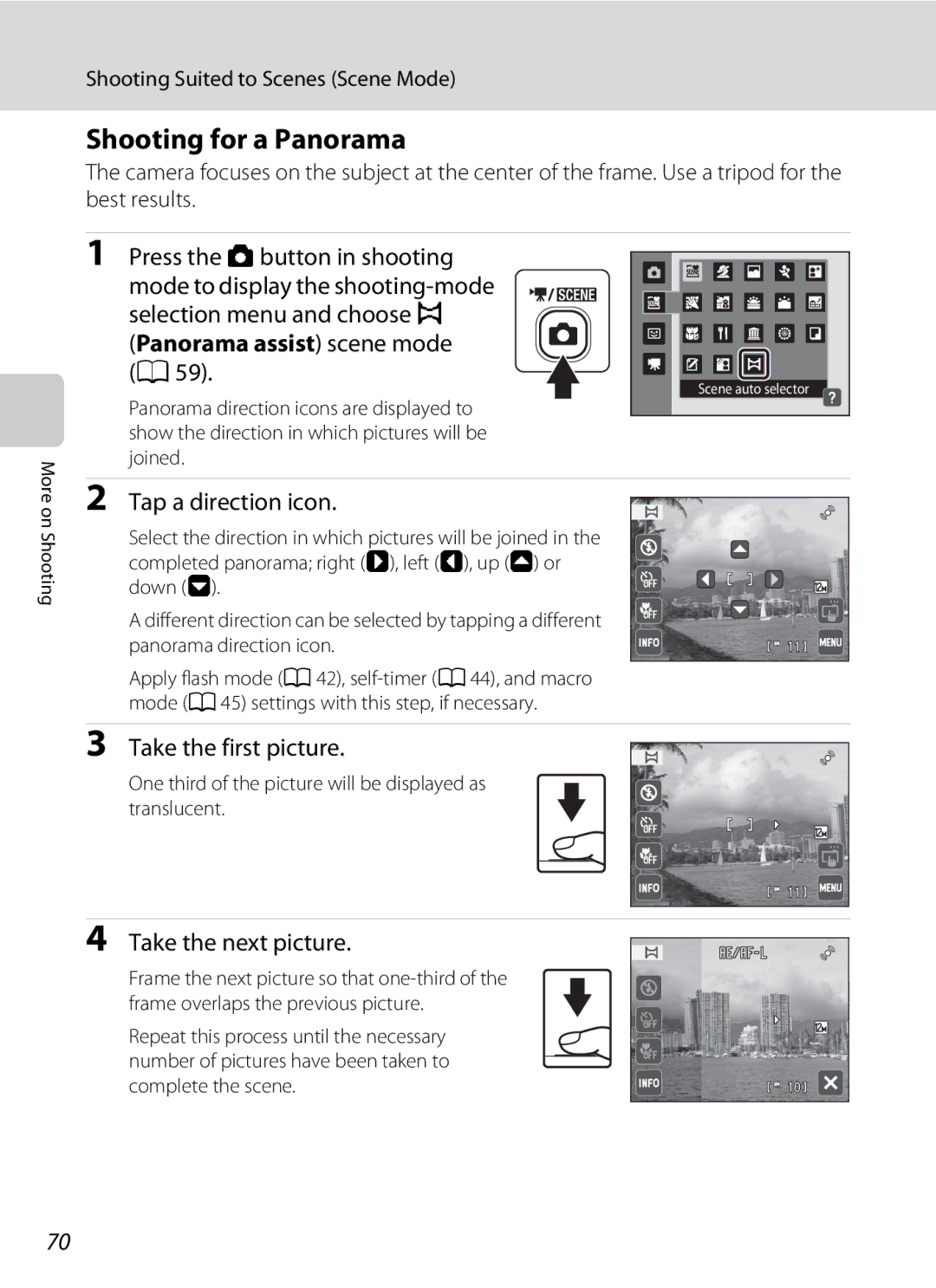 Nikon COOLPIXS4000CS Shooting for a Panorama, Panorama assist scene mode a, Tap a direction icon, Take the first picture 