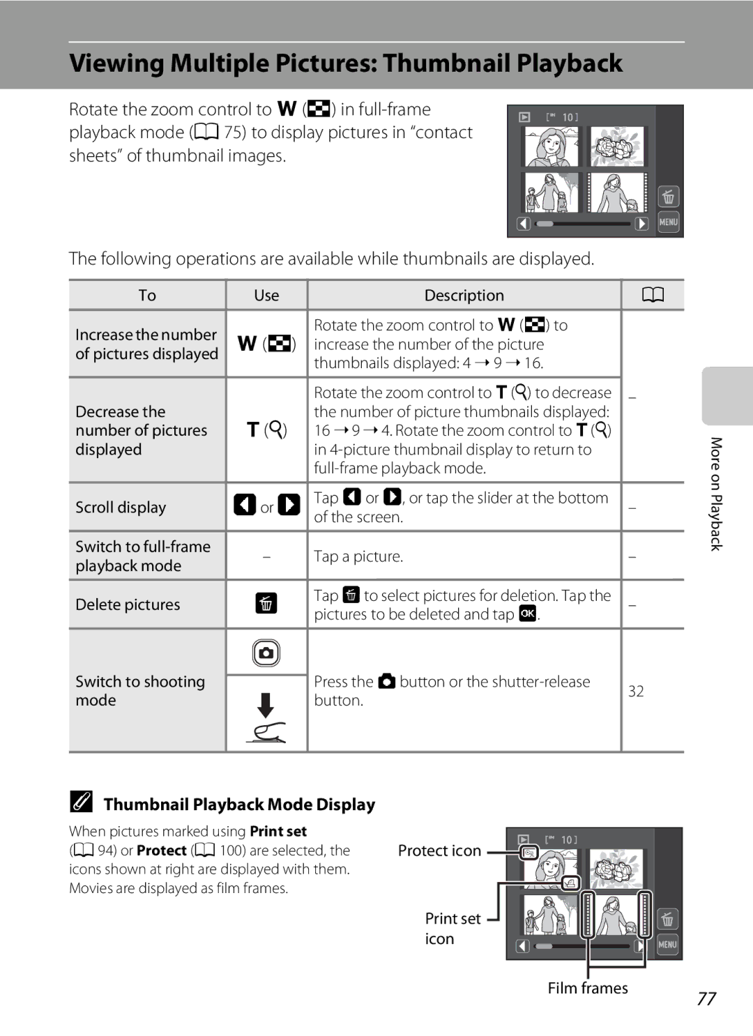 Nikon coolpix, COOLPIXS4000PLUM, s4000 Viewing Multiple Pictures Thumbnail Playback, Thumbnail Playback Mode Display 