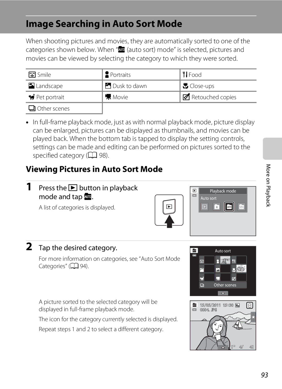 Nikon COOLPIXS4100PLM Image Searching in Auto Sort Mode, Viewing Pictures in Auto Sort Mode, Tap the desired category 