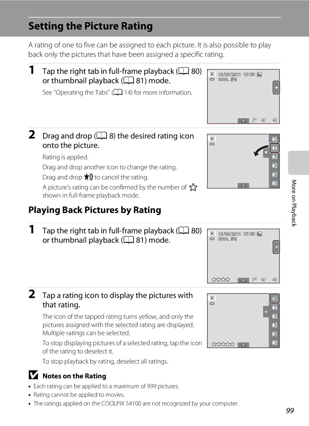 Nikon COOLPIXS4100RED, COOLPIXS4100BLK user manual Setting the Picture Rating, Tap the right tab in full-frame playback a 