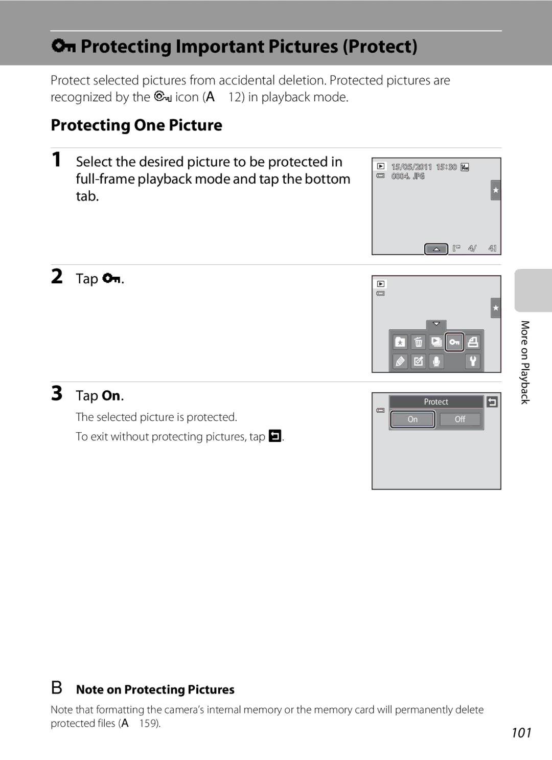 Nikon COOLPIXS4100PLM, COOLPIXS4100BLK, COOLPIXS4100SLV DProtecting Important Pictures Protect, Protecting One Picture, 101 