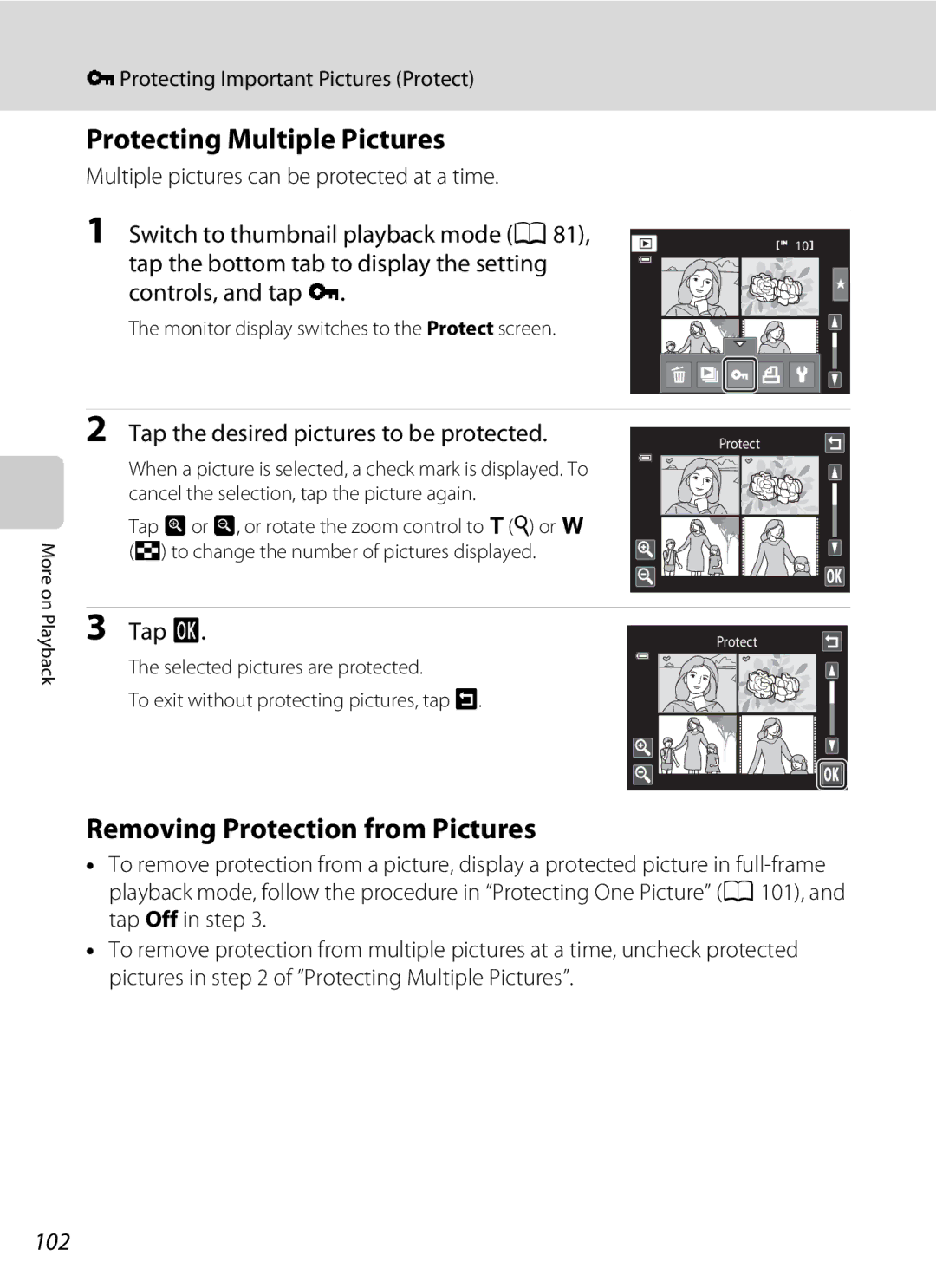 Nikon COOLPIXS4100PLMDKIT, COOLPIXS4100BLK user manual Protecting Multiple Pictures, Removing Protection from Pictures, 102 