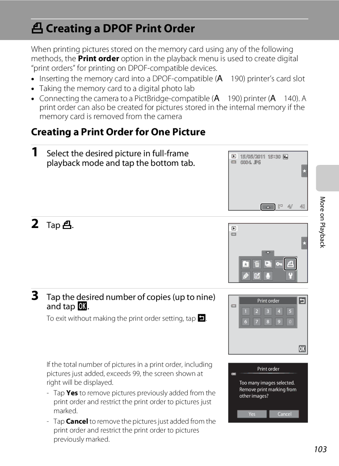 Nikon COOLPIXS4100BLK, COOLPIXS4100PLM ACreating a Dpof Print Order, Creating a Print Order for One Picture, 103 