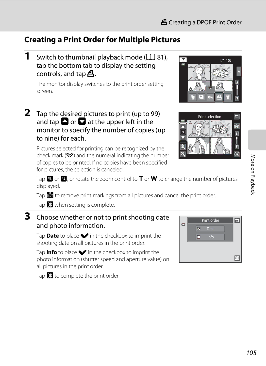 Nikon COOLPIXS4300PLUMKIT, COOLPIXS4100BLK, COOLPIXS4100PLM user manual Creating a Print Order for Multiple Pictures, 105 