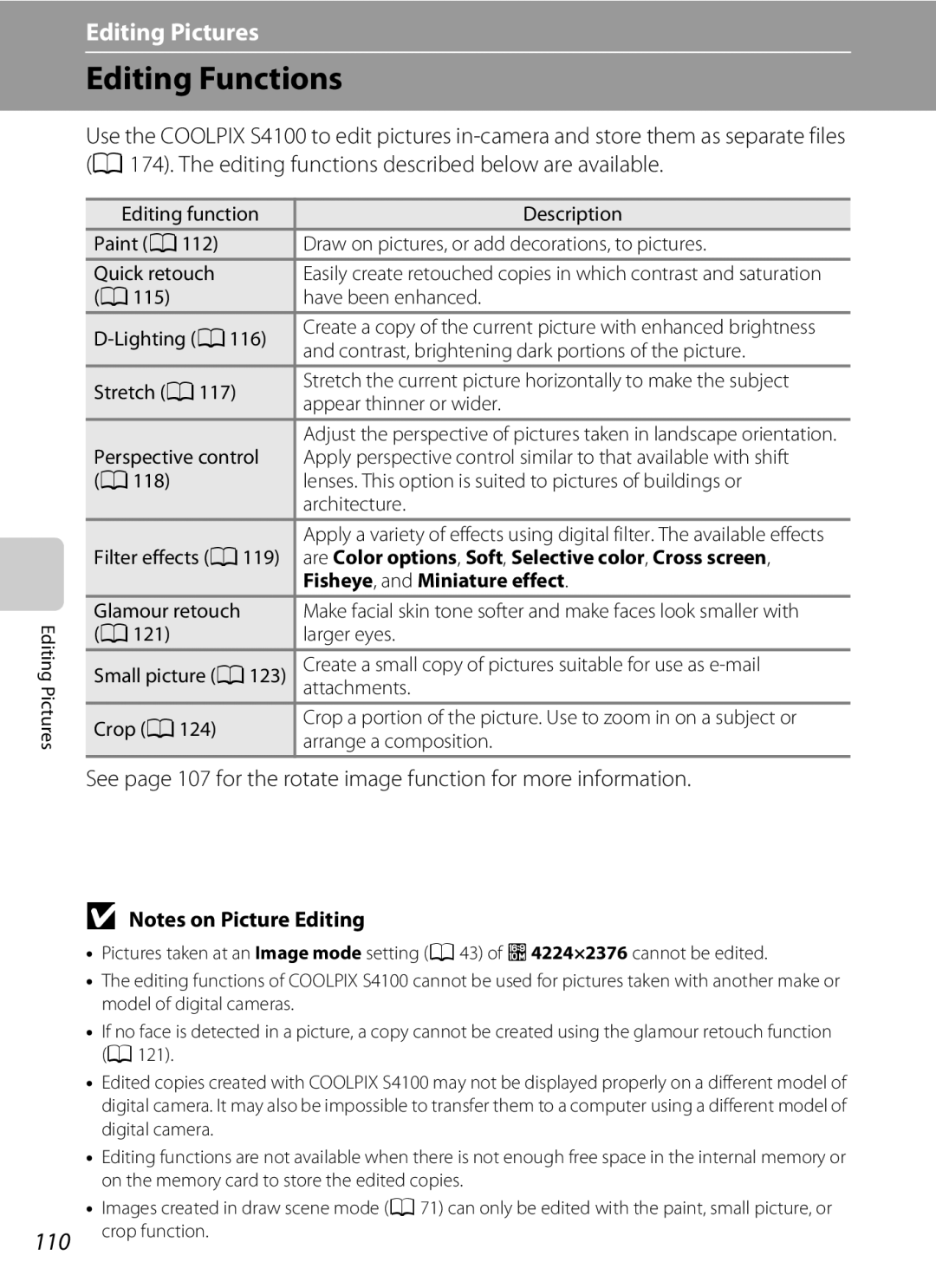 Nikon COOLPIXS4100PLMDKIT, COOLPIXS4100BLK Editing Functions, Are Color options, Soft, Selective color, Cross screen 