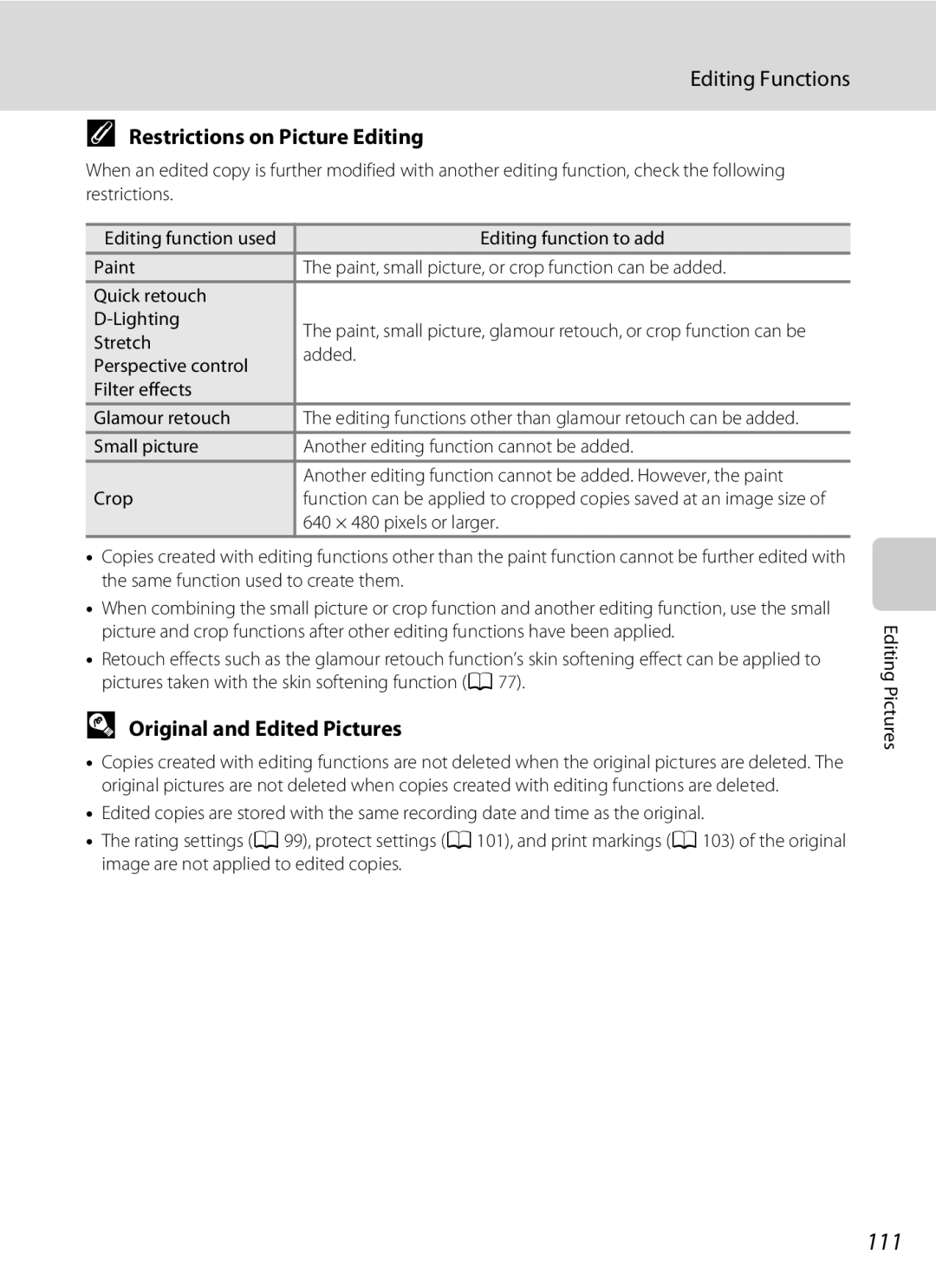 Nikon COOLPIXS4100BLK user manual 111, Editing Functions, Restrictions on Picture Editing, Original and Edited Pictures 