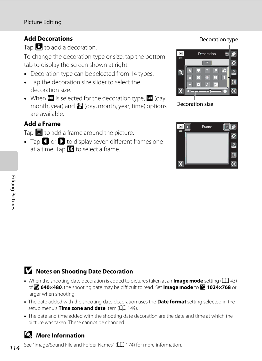 Nikon COOLPIXS4100SLV, COOLPIXS4100BLK, COOLPIXS4100PLM Add Decorations, Add a Frame, Decoration type, Decoration size 