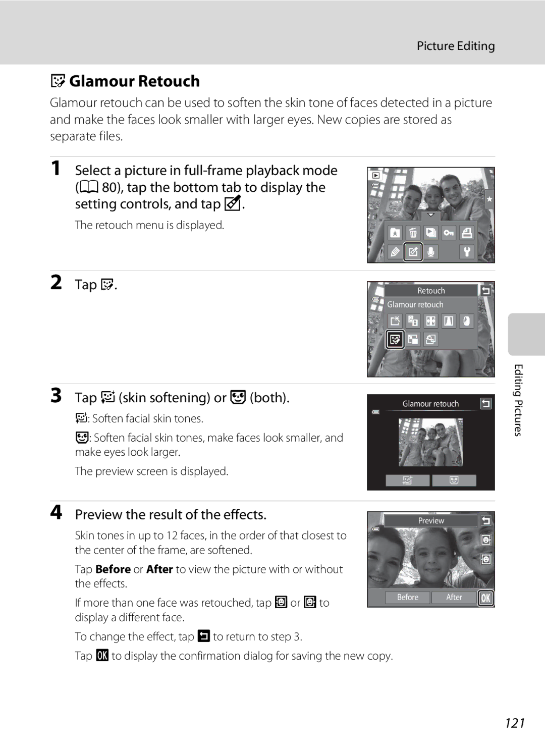 Nikon COOLPIXS4300PLUMKIT, S4100 JGlamour Retouch, Tap eskin softening or kboth, Preview the result of the effects, 121 