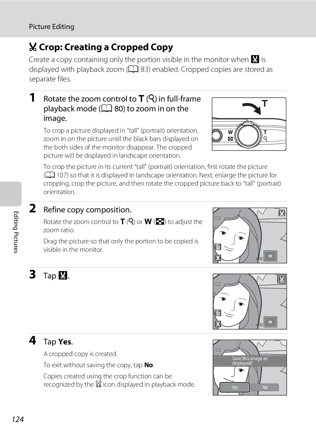 Nikon COOLPIXS4100BLK, COOLPIXS4100PLMDKIT, COOLPIXS4300PLUM OCrop Creating a Cropped Copy, Refine copy composition, 124 
