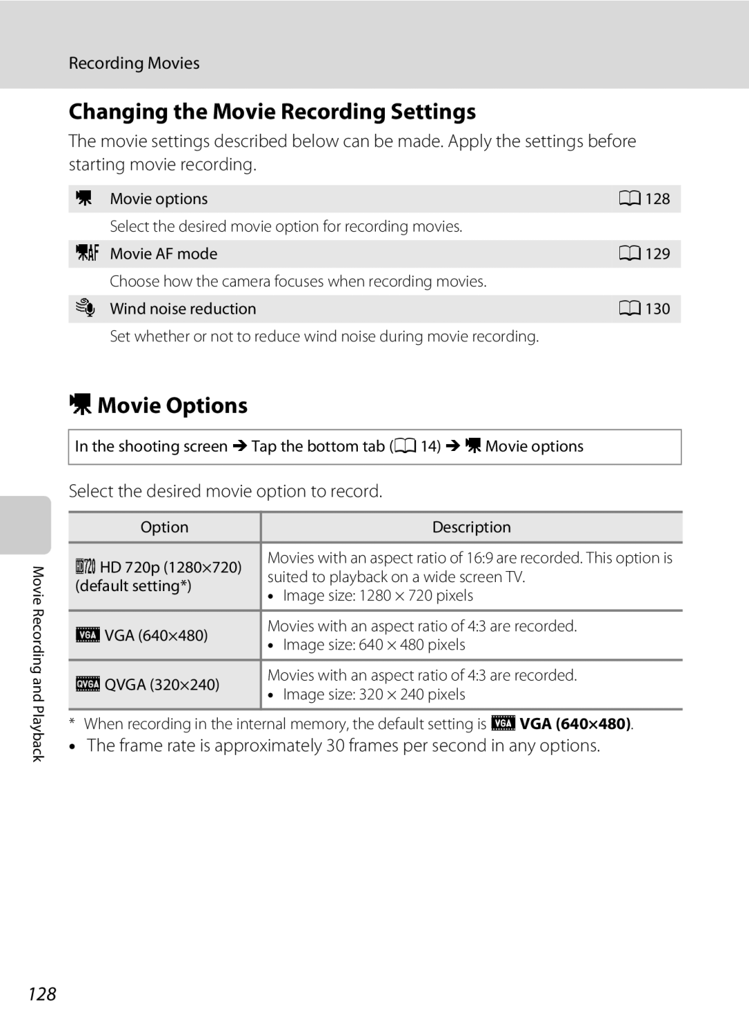 Nikon COOLPIXS4300PLUM, COOLPIXS4100BLK, COOLPIXS4100PLM Changing the Movie Recording Settings, DMovie Options, 128 