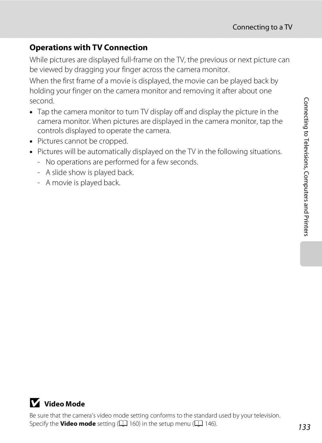 Nikon COOLPIXS4100PLM, COOLPIXS4100BLK, COOLPIXS4300PLUM Operations with TV Connection, 133, Connecting to a TV, Video Mode 