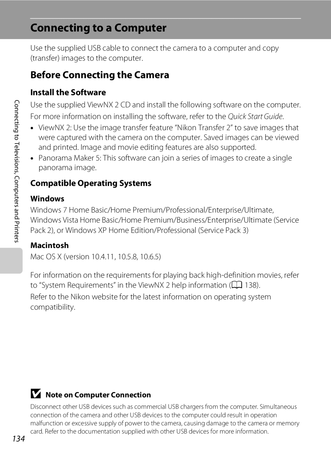 Nikon COOLPIXS4100PLMDKIT user manual Connecting to a Computer, Before Connecting the Camera, Install the Software, 134 