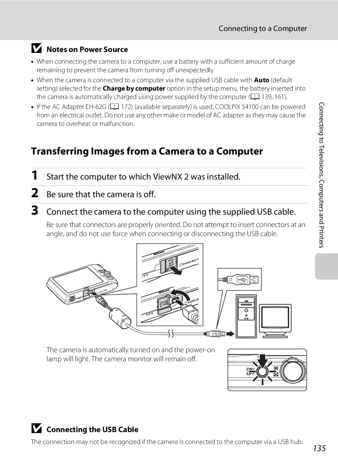 Nikon S4100 Transferring Images from a Camera to a Computer, 135, Connecting to a Computer, Connecting the USB Cable 