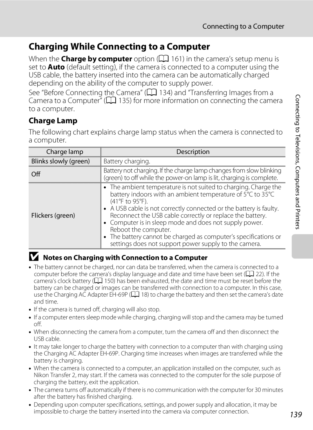 Nikon COOLPIXS4100RED, COOLPIXS4100BLK, COOLPIXS4100PLM user manual Charging While Connecting to a Computer, Charge Lamp, 139 