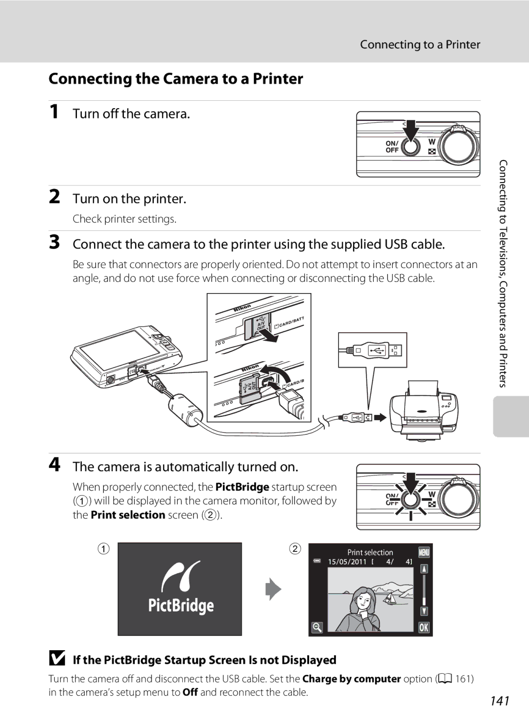 Nikon COOLPIXS4100PLM, COOLPIXS4100BLK Connecting the Camera to a Printer, Turn off the camera Turn on the printer, 141 