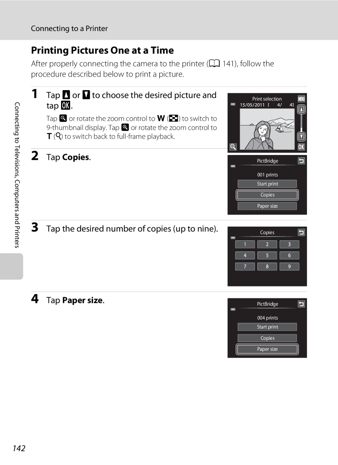 Nikon COOLPIXS4100PLMDKIT, COOLPIXS4100BLK user manual Printing Pictures One at a Time, Tap Copies, Tap Paper size, 142 