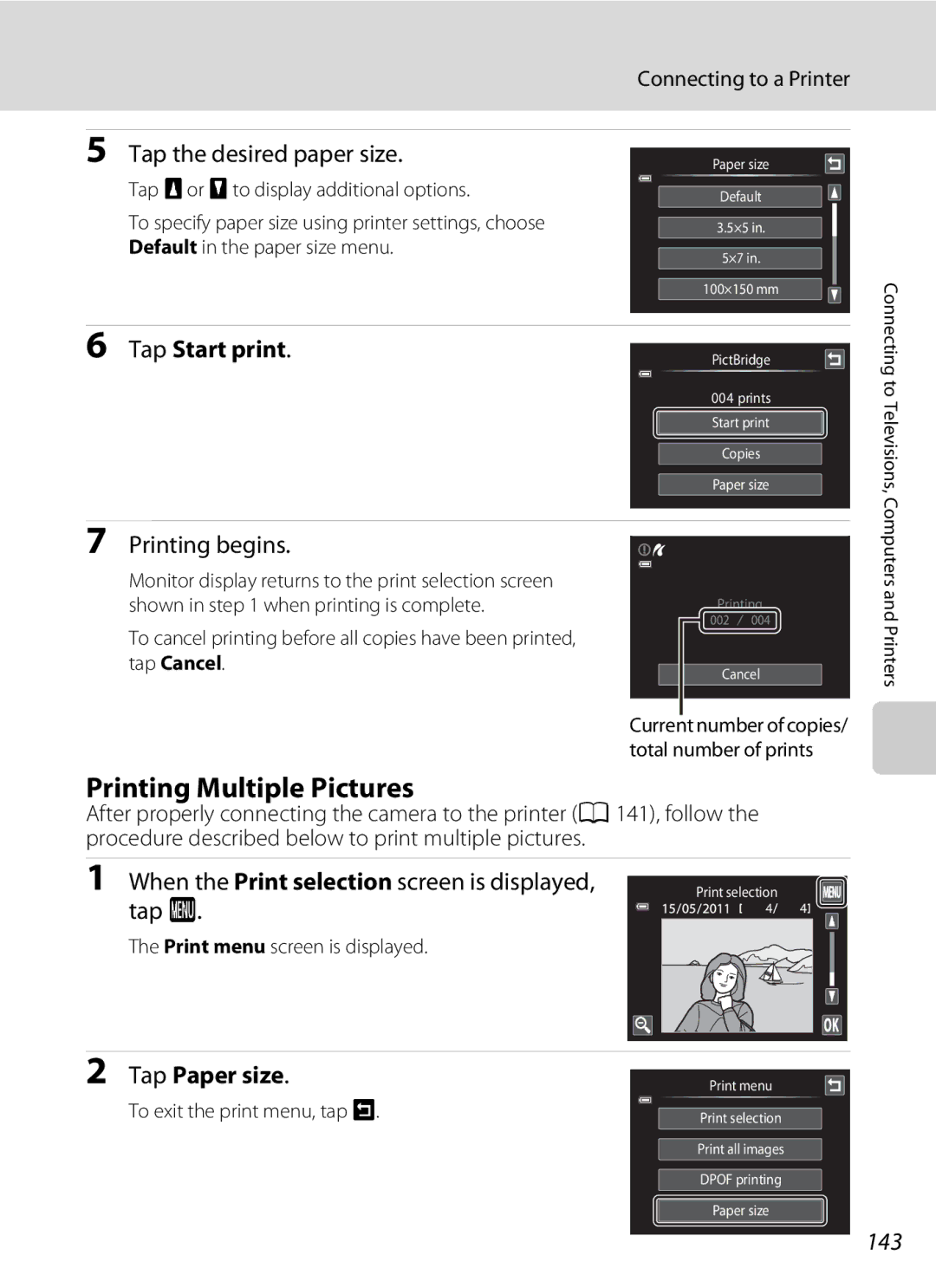 Nikon COOLPIXS4100BLK Printing Multiple Pictures, Tap the desired paper size, Tap Start print, Printing begins 