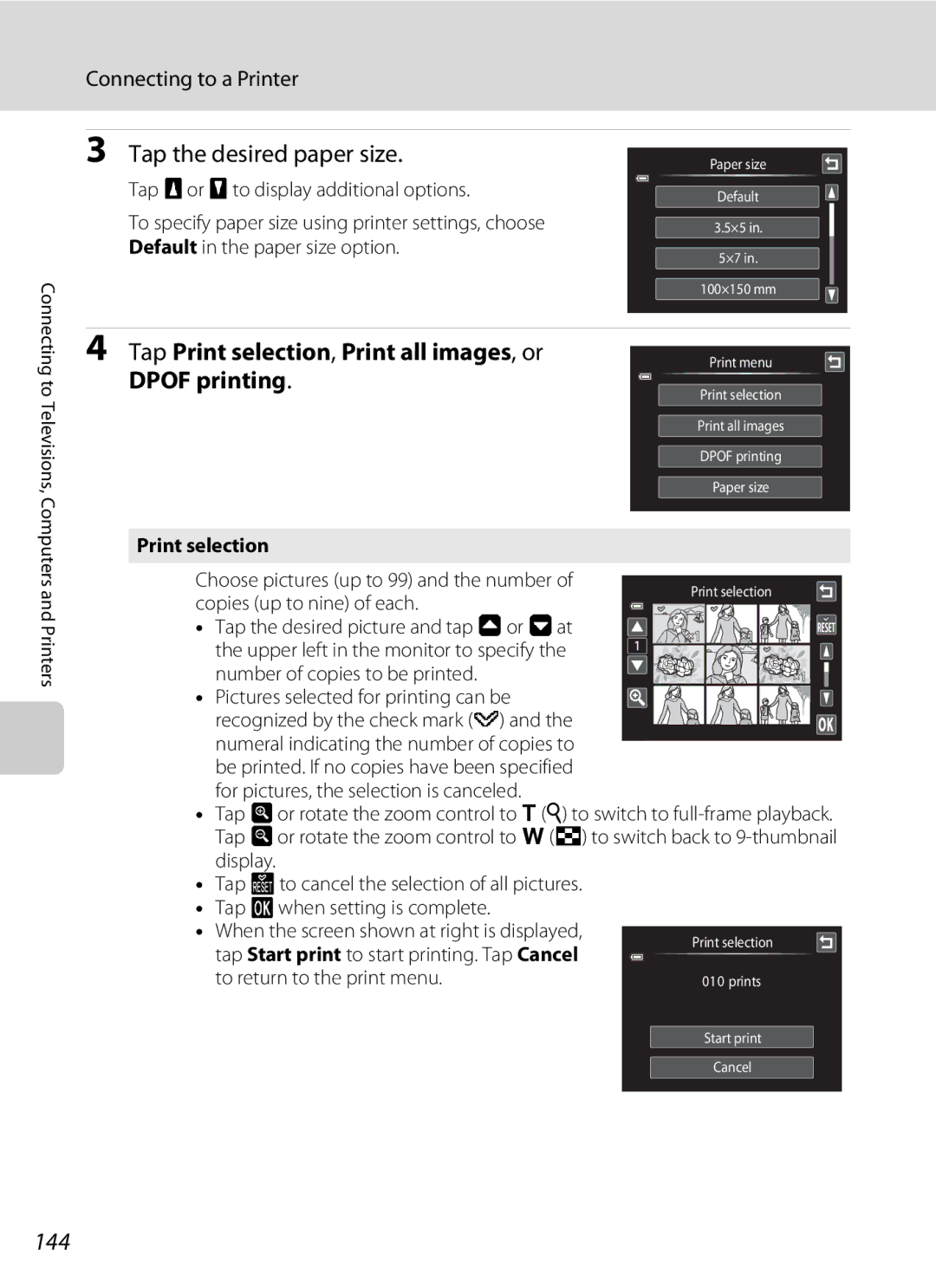 Nikon COOLPIXS4300PLUM, COOLPIXS4100BLK, COOLPIXS4100PLM Tap Print selection, Print all images, or Dpof printing, 144 