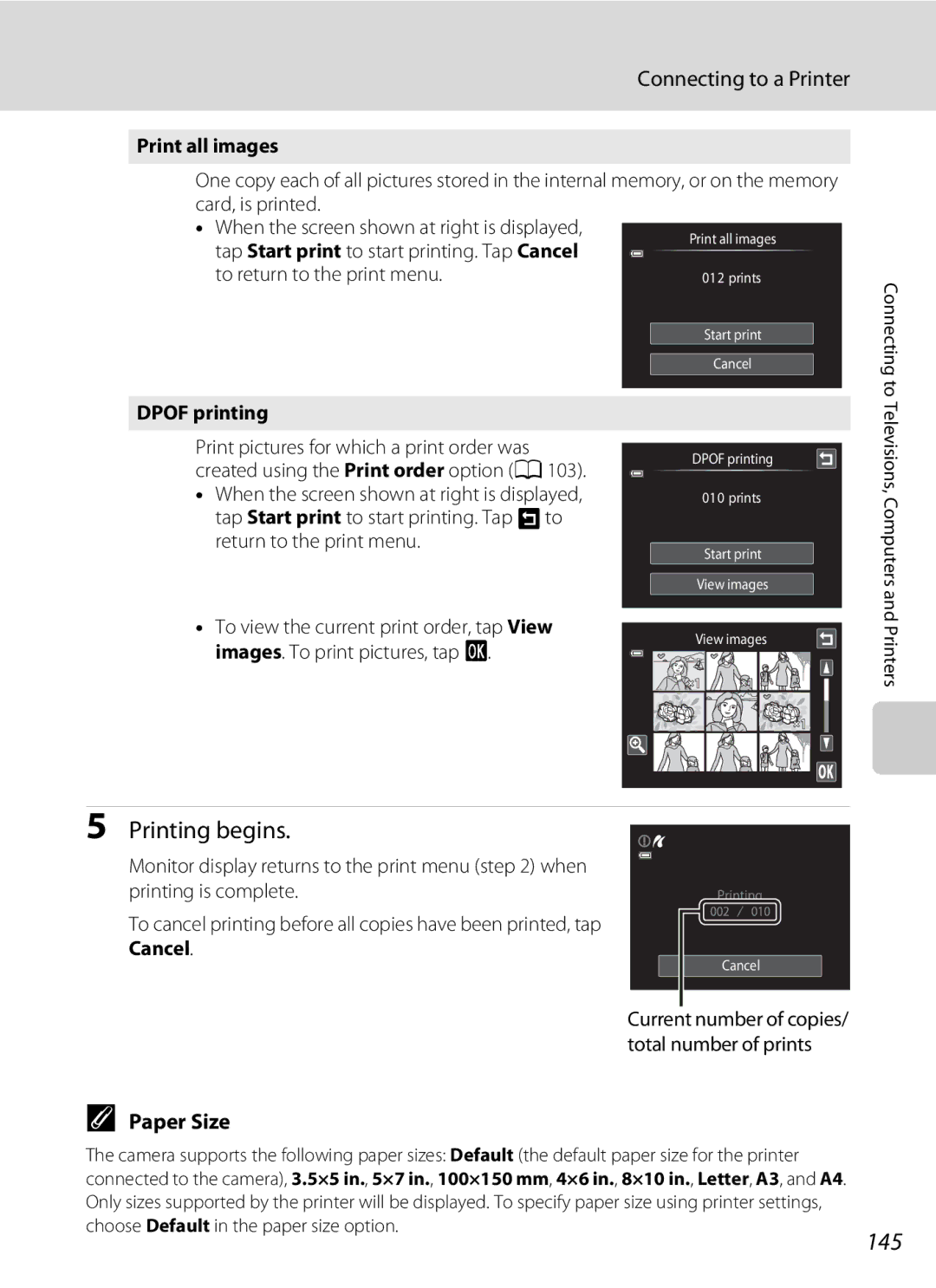 Nikon COOLPIXS4300PLUMKIT, COOLPIXS4100BLK, COOLPIXS4100PLM 145, Paper Size, Print all images, Dpof printing, Cancel 