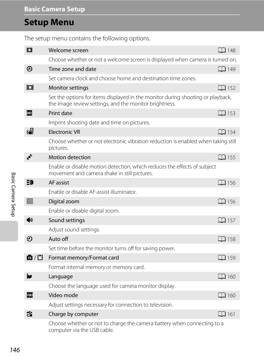 Nikon COOLPIXS4100SLV, COOLPIXS4100BLK, COOLPIXS4100PLM Setup Menu, 146, Setup menu contains the following options 