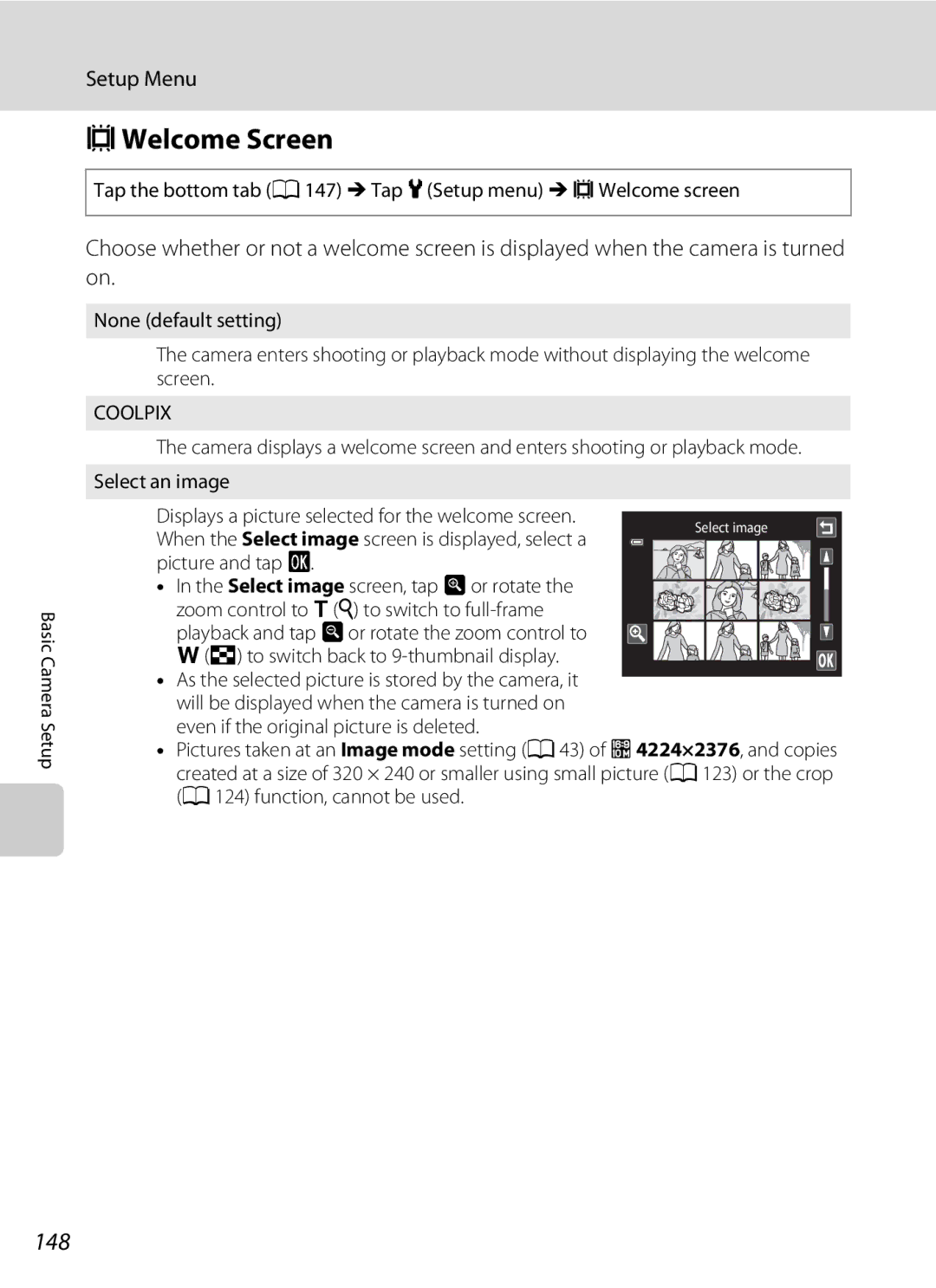 Nikon COOLPIXS4100BLK CWelcome Screen, 148, Tap the bottom tab a 147 MTap z Setup menu McWelcome screen, Picture and tap 