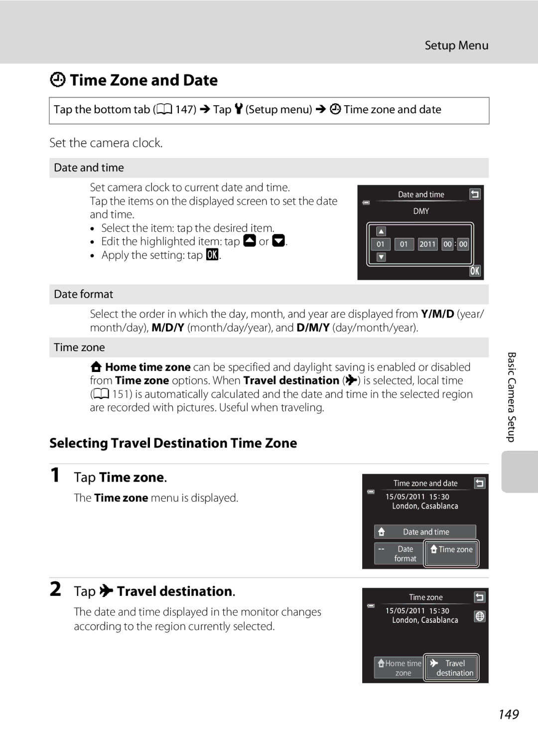 Nikon COOLPIXS4100PLM DTime Zone and Date, Selecting Travel Destination Time Zone, Tap Time zone, Tap xTravel destination 