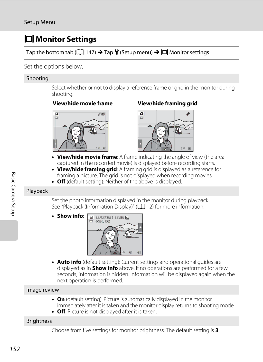 Nikon COOLPIXS4300PLUM, COOLPIXS4100BLK user manual EMonitor Settings, 152, Set the options below, View/hide movie frame 