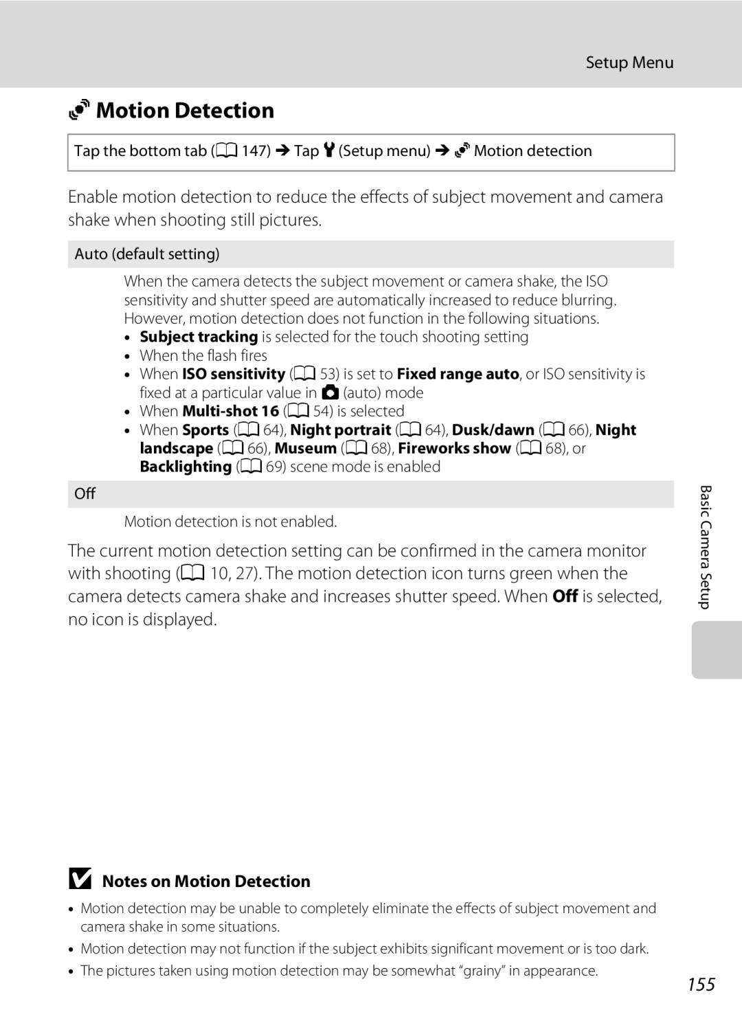 Nikon COOLPIXS4100RED UMotion Detection, 155, When Multi-shot 16 a 54 is selected, Off Motion detection is not enabled 