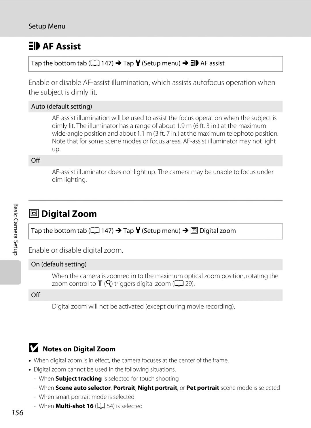 Nikon COOLPIXS4100BLK, COOLPIXS4100PLMDKIT user manual HAF Assist, UDigital Zoom, 156, Enable or disable digital zoom 