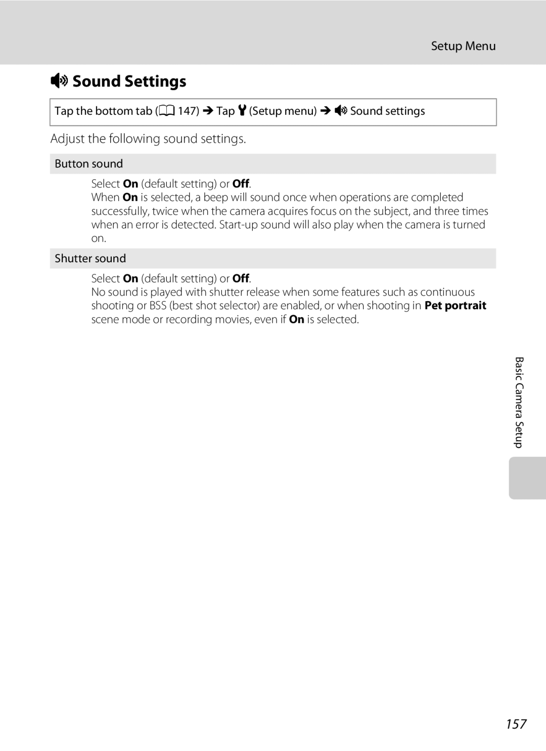 Nikon COOLPIXS4100BLK, COOLPIXS4100PLMDKIT, COOLPIXS4300PLUM ISound Settings, 157, Adjust the following sound settings 