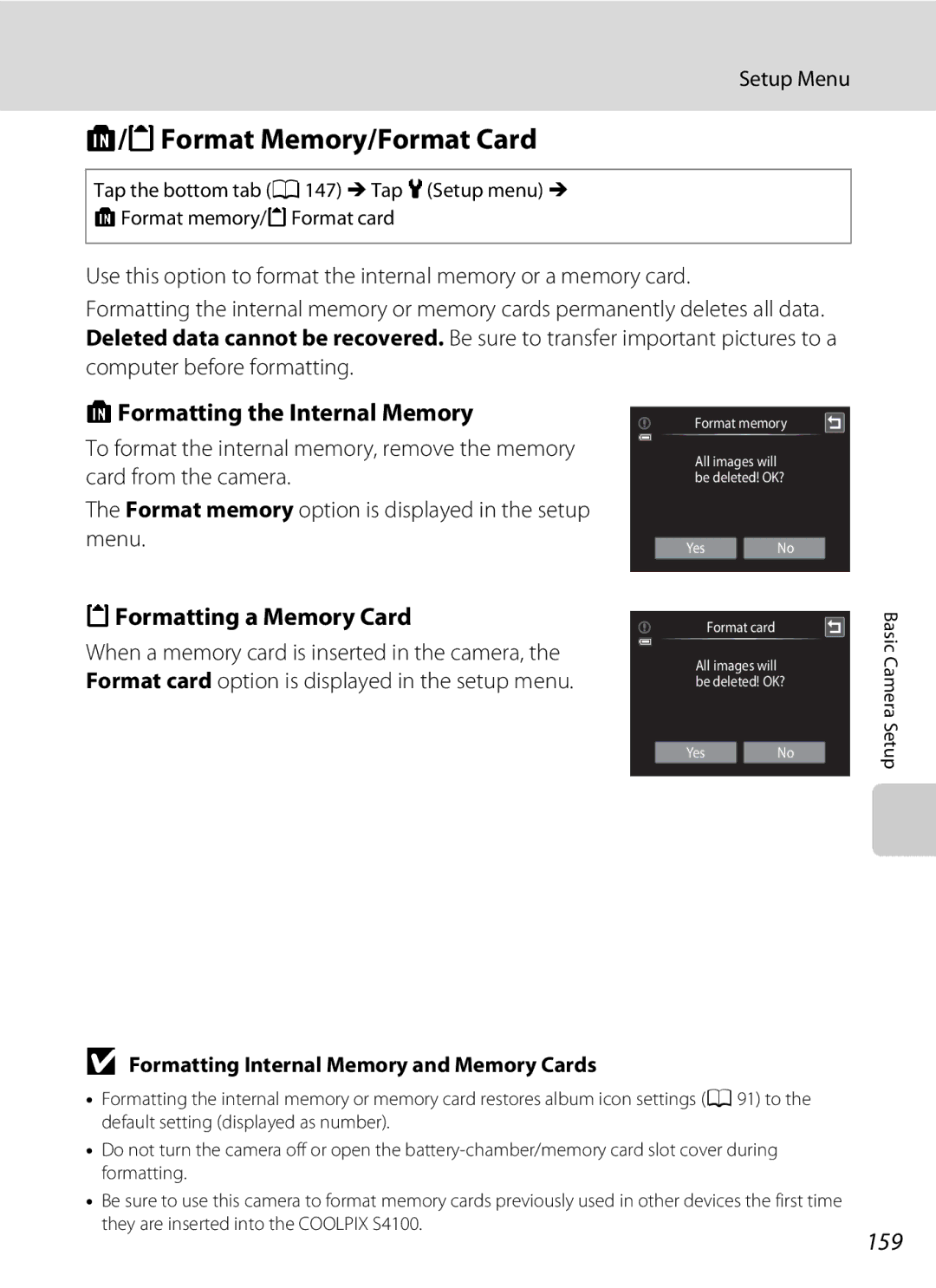 Nikon COOLPIXS4100BLK MFormat Memory/Format Card, LFormatting the Internal Memory, MFormatting a Memory Card, 159 