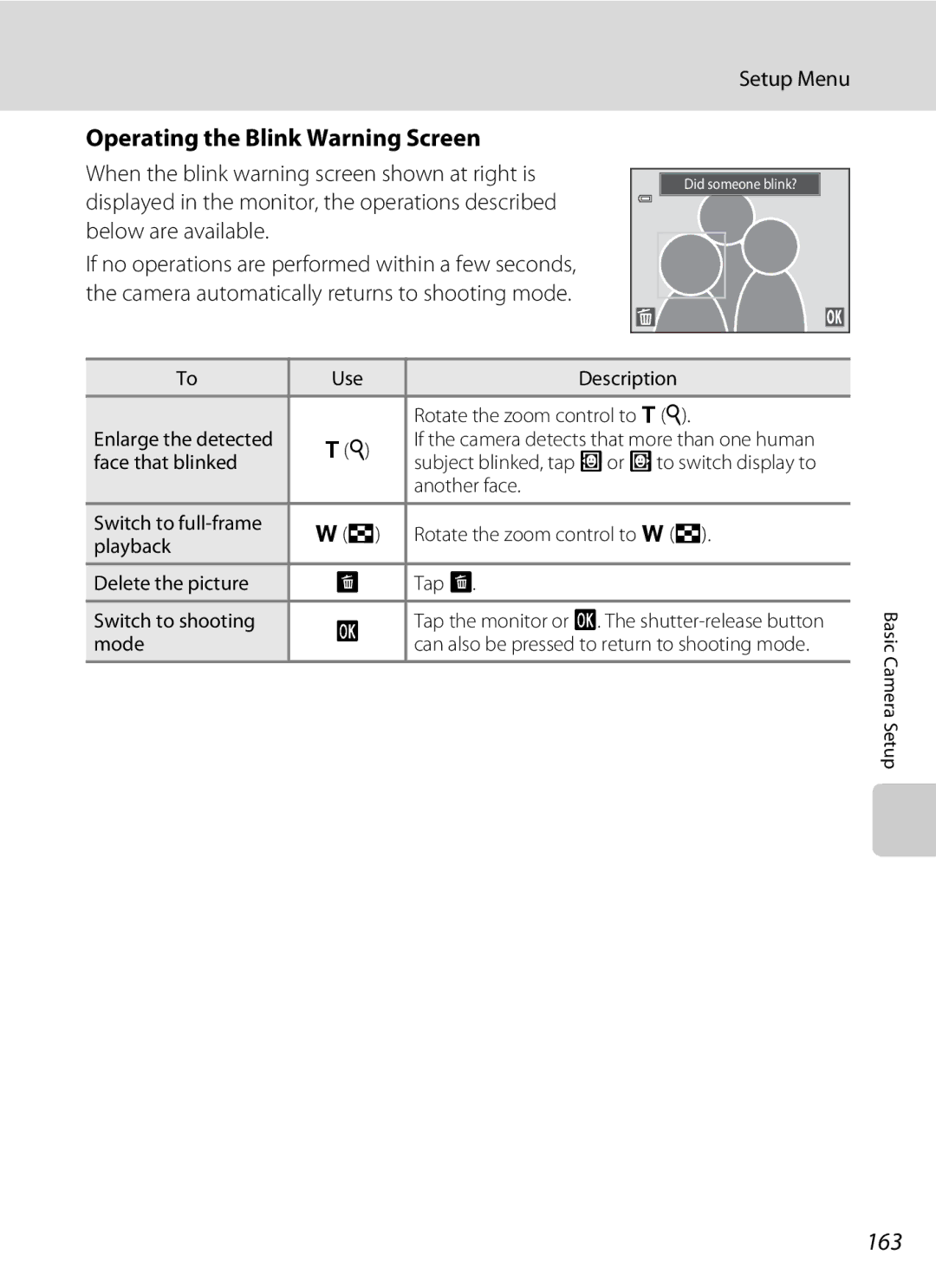 Nikon COOLPIXS4100RED user manual Operating the Blink Warning Screen, 163, Use Description Rotate the zoom control to g 