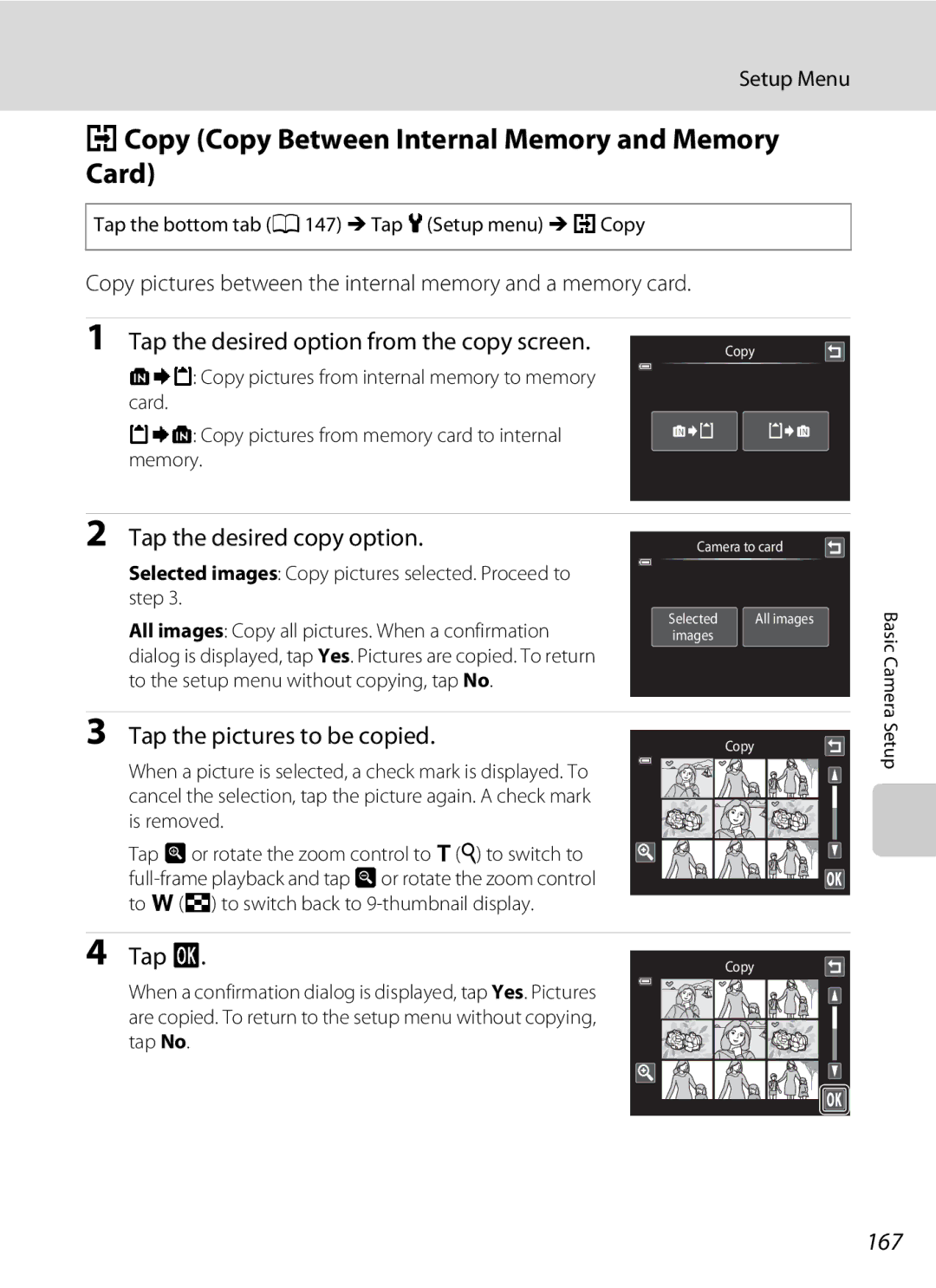 Nikon S4100 HCopy Copy Between Internal Memory and Memory Card, Tap the desired option from the copy screen, 167 