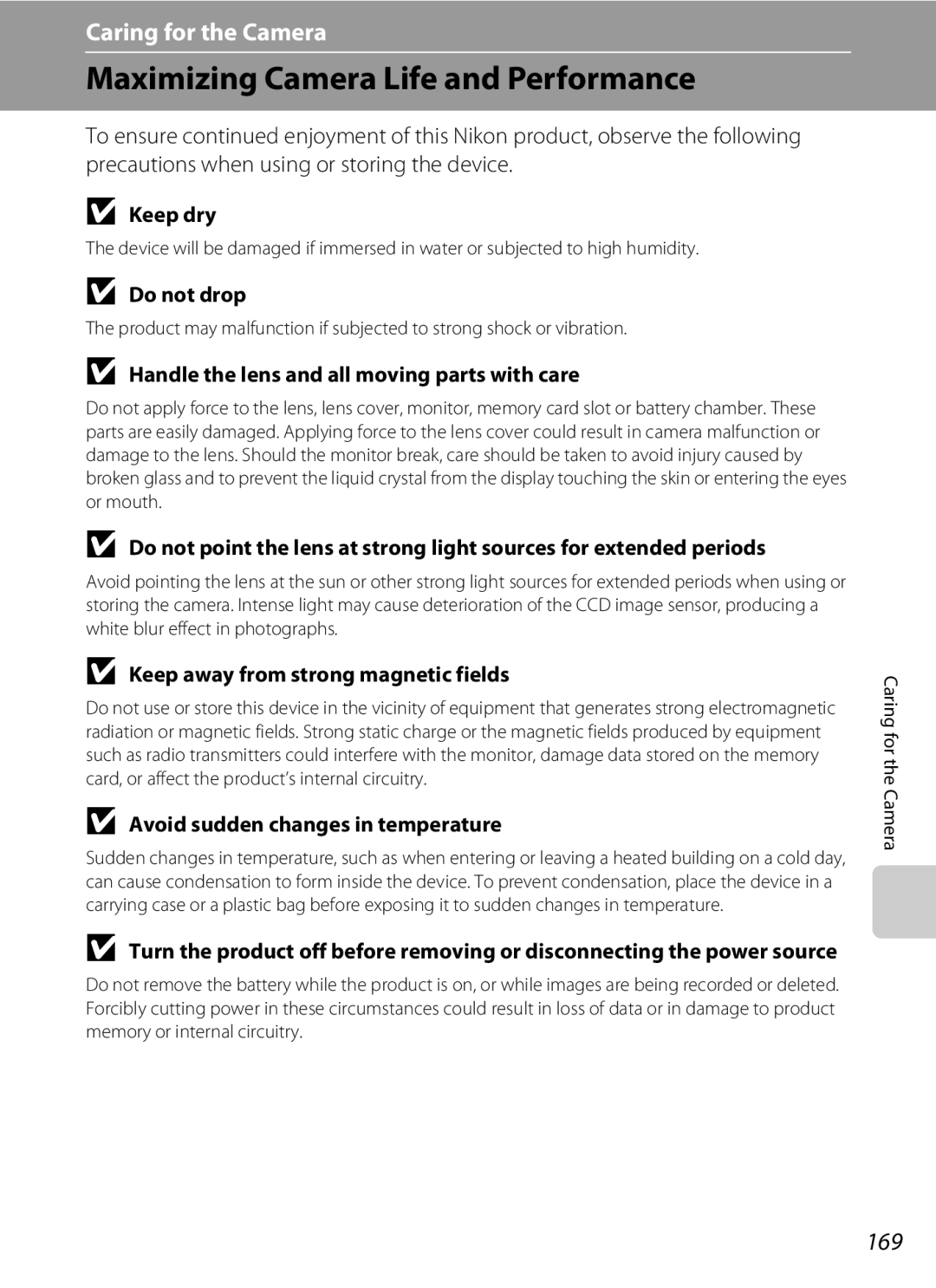 Nikon COOLPIXS4300PLUMKIT, COOLPIXS4100BLK, COOLPIXS4100PLMDKIT user manual Maximizing Camera Life and Performance, 169 