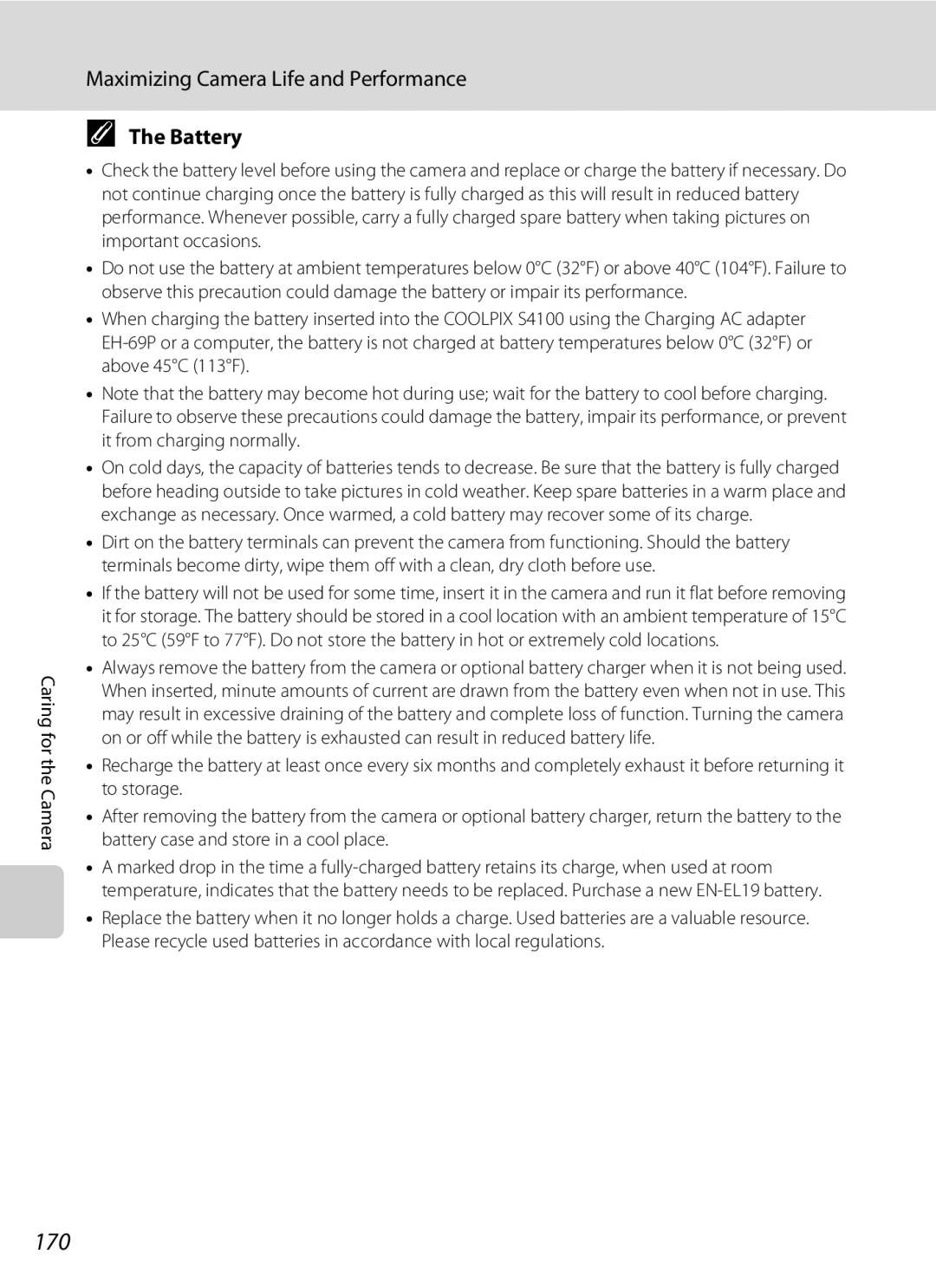 Nikon COOLPIXS4100SLV, COOLPIXS4100BLK, COOLPIXS4100PLM user manual 170, Maximizing Camera Life and Performance, Battery 