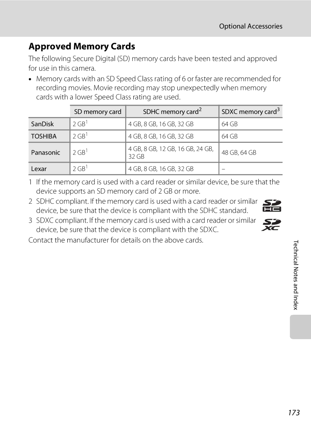 Nikon COOLPIXS4100BLK, COOLPIXS4100PLMDKIT, COOLPIXS4300PLUM user manual Approved Memory Cards, 173, Optional Accessories 