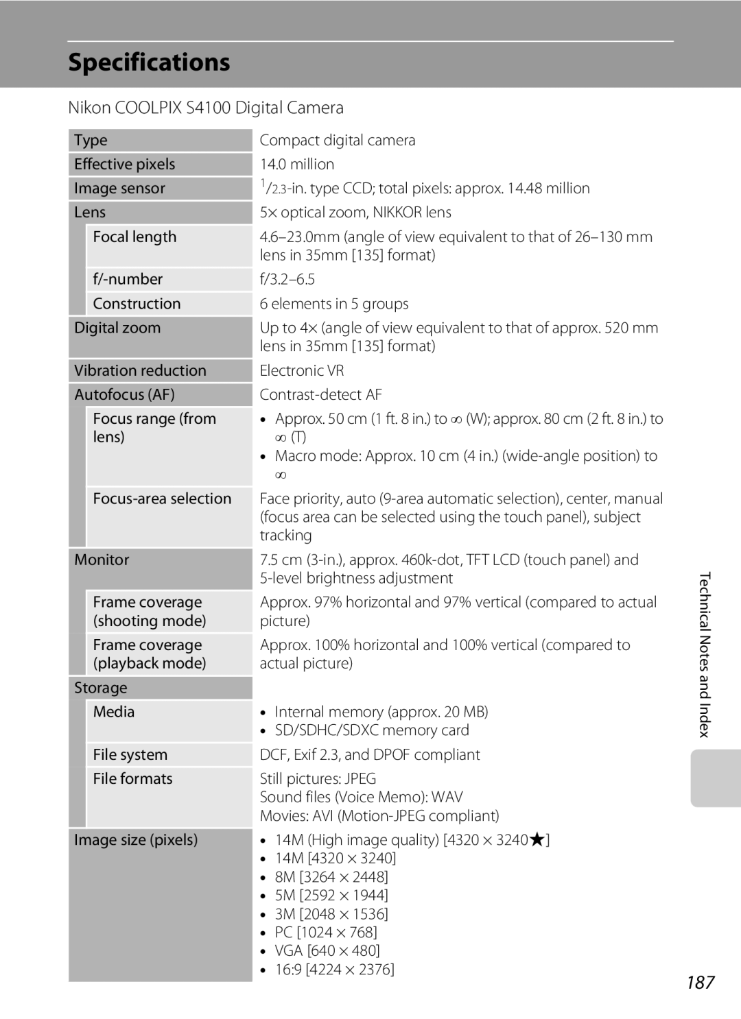 Nikon COOLPIXS4100RED, COOLPIXS4100BLK, COOLPIXS4100PLM user manual Specifications, 187, Nikon Coolpix S4100 Digital Camera 