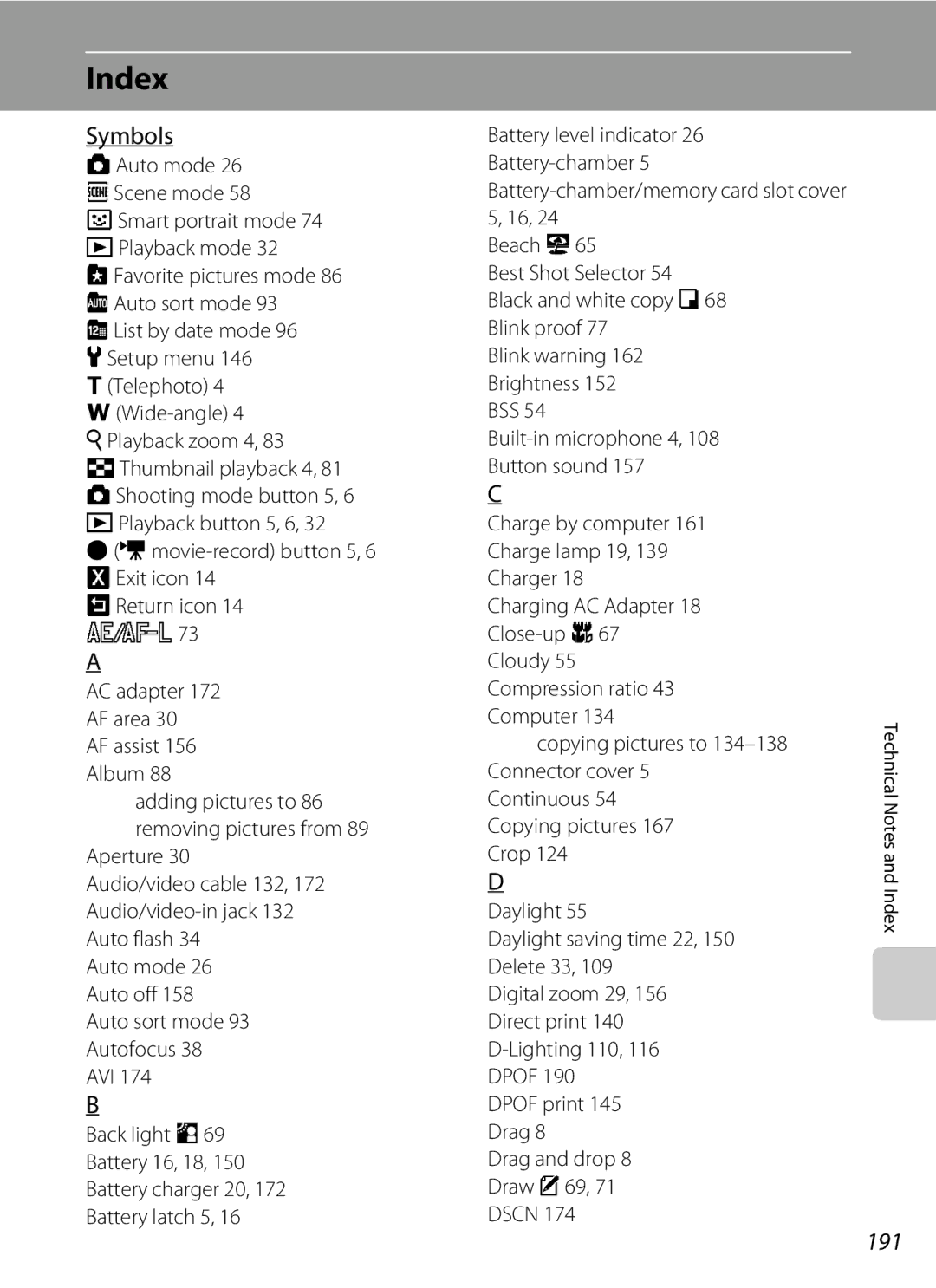 Nikon COOLPIXS4100BLK, COOLPIXS4100PLMDKIT, COOLPIXS4300PLUMKIT, COOLPIXS4100SLV user manual Index, Symbols, 191 