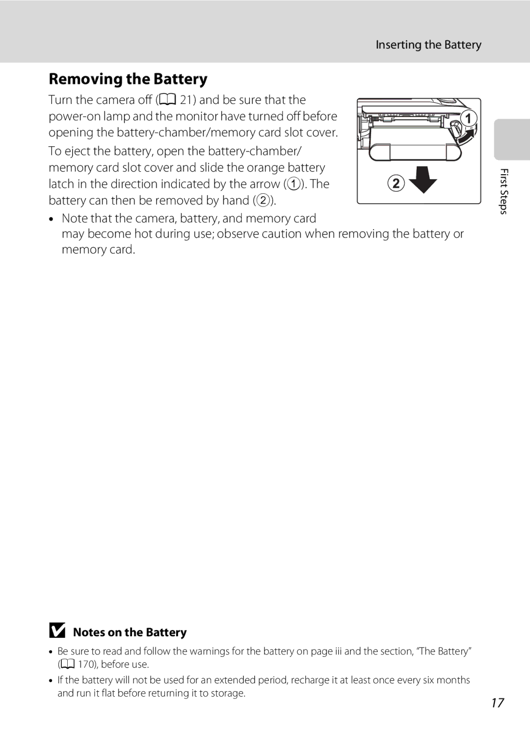 Nikon COOLPIXS4300PLUMKIT, COOLPIXS4100BLK, COOLPIXS4100PLMDKIT user manual Removing the Battery, Inserting the Battery 