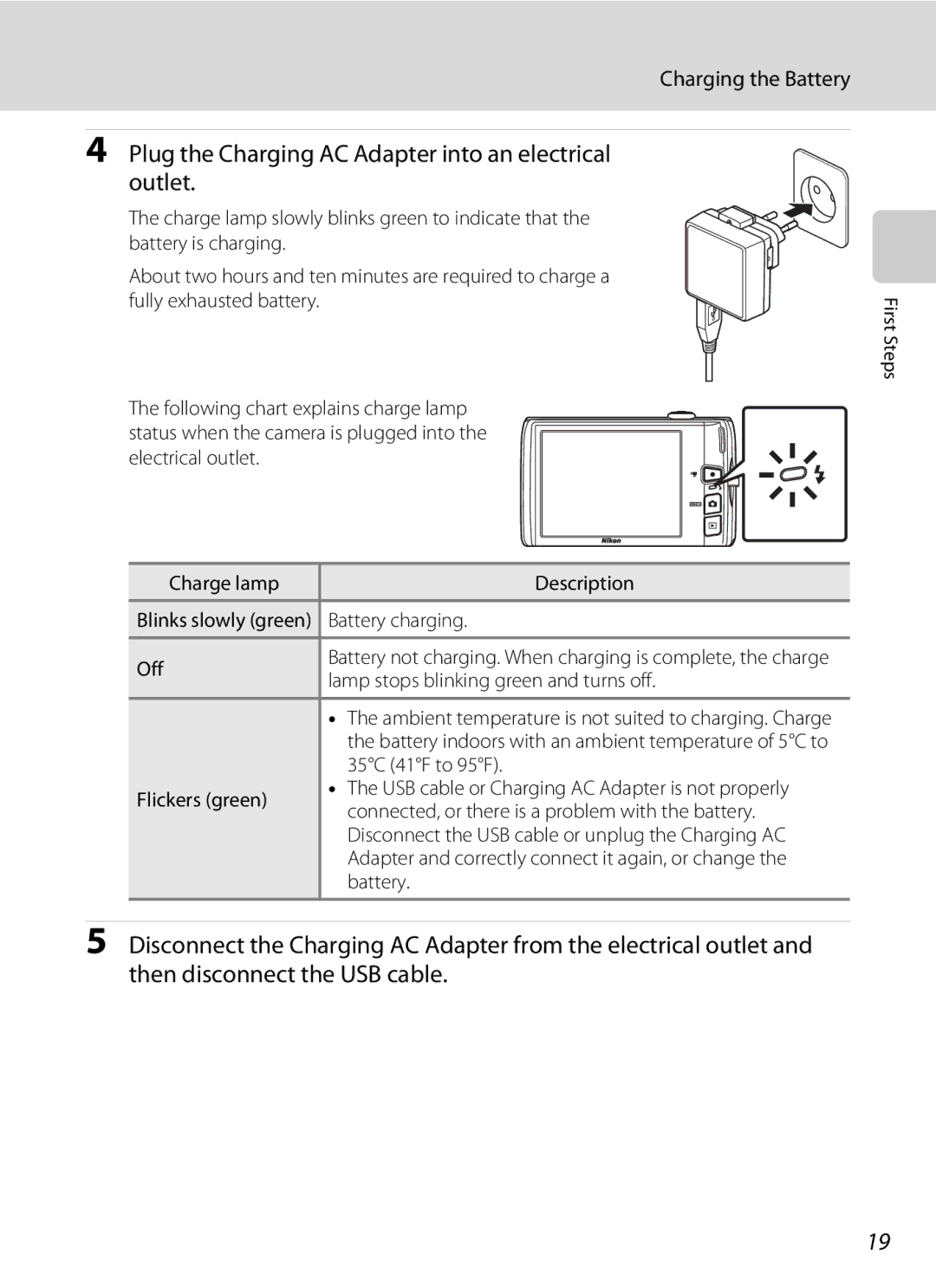 Nikon COOLPIXS4100RED, COOLPIXS4100BLK Plug the Charging AC Adapter into an electrical outlet, Charging the Battery 