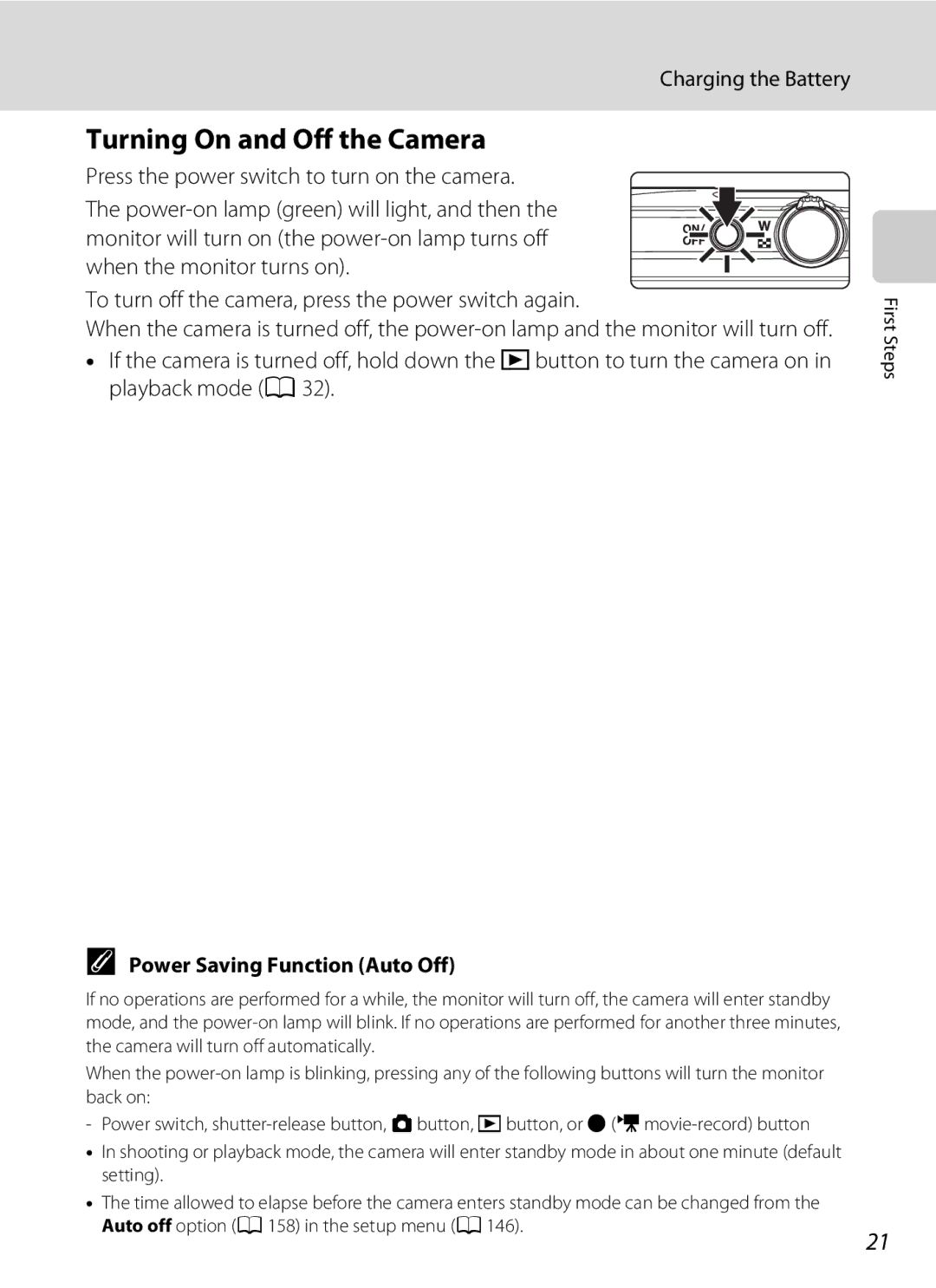 Nikon COOLPIXS4100BLK, COOLPIXS4100PLMDKIT user manual Turning On and Off the Camera, Power Saving Function Auto Off 