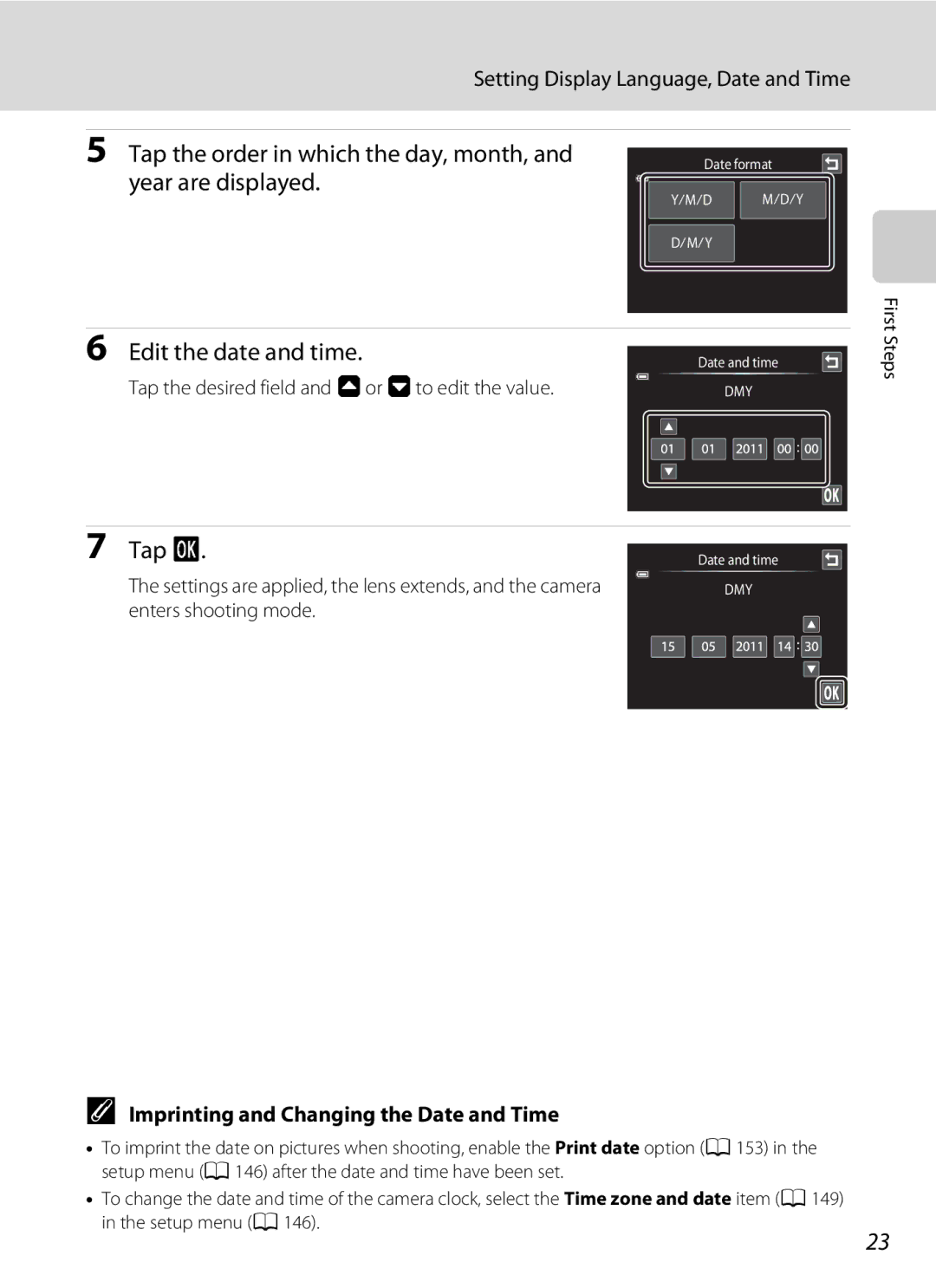 Nikon COOLPIXS4100BLK, COOLPIXS4100PLM user manual Edit the date and time, Tap, Setting Display Language, Date and Time 