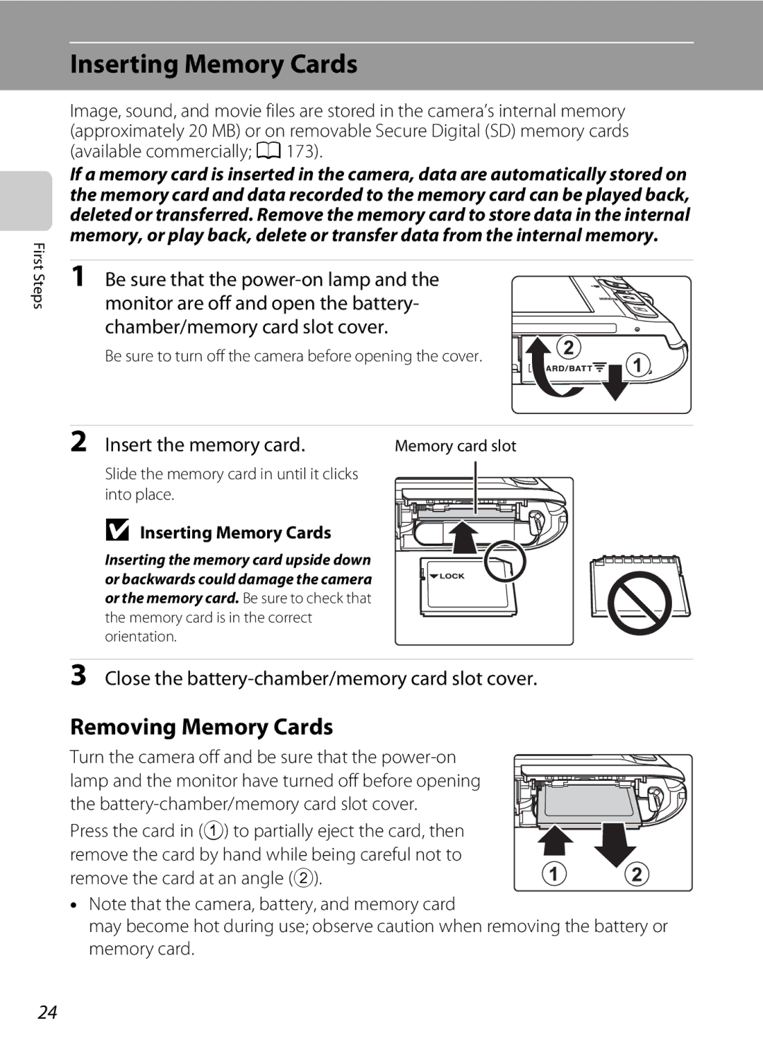 Nikon COOLPIXS4300PLUM, COOLPIXS4100BLK user manual Inserting Memory Cards, Removing Memory Cards, Insert the memory card 